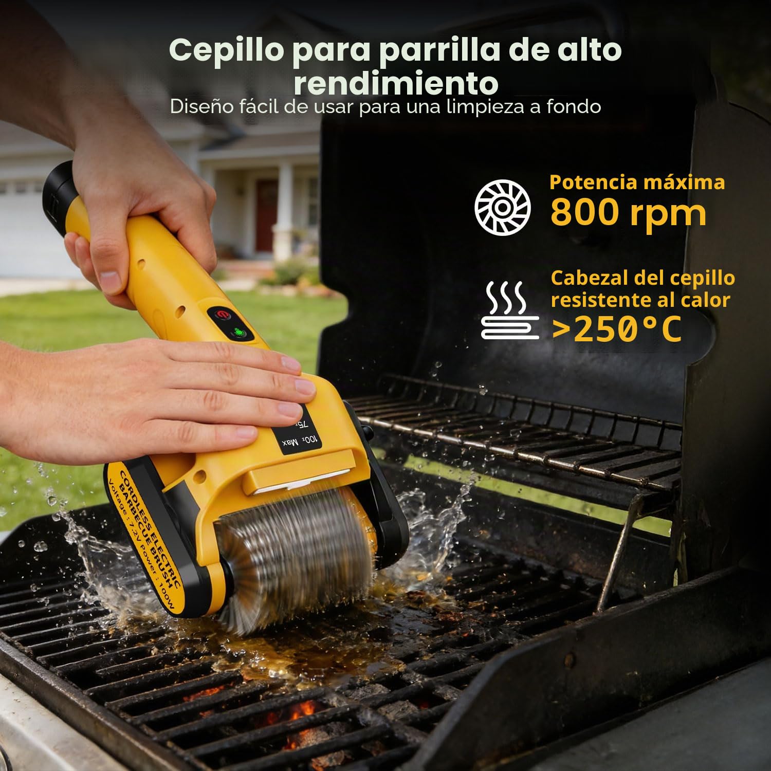 Qimedo Cepillo de Limpieza Eléctrico para Parrilla con Luz LED, 800 RPM, Cerdas de Acero Inoxidable, Cepillo Potente, Inalámbrico, para BBQ, Rejilla de Hierro Fundido, Parrilla de Gas y Eléctrica