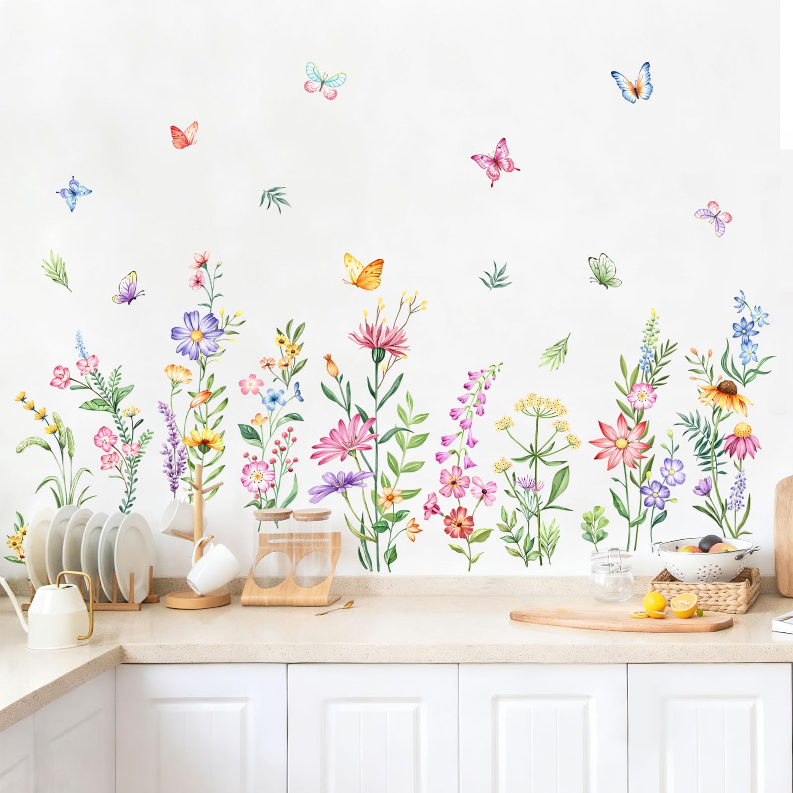Supzone Garden Flower Wall Stickers Large Watercolor Wildflower Daisy Floral Butterflies Wall Decals for Girls Bedroom Living Room Home Office Wall Decor - Image 2