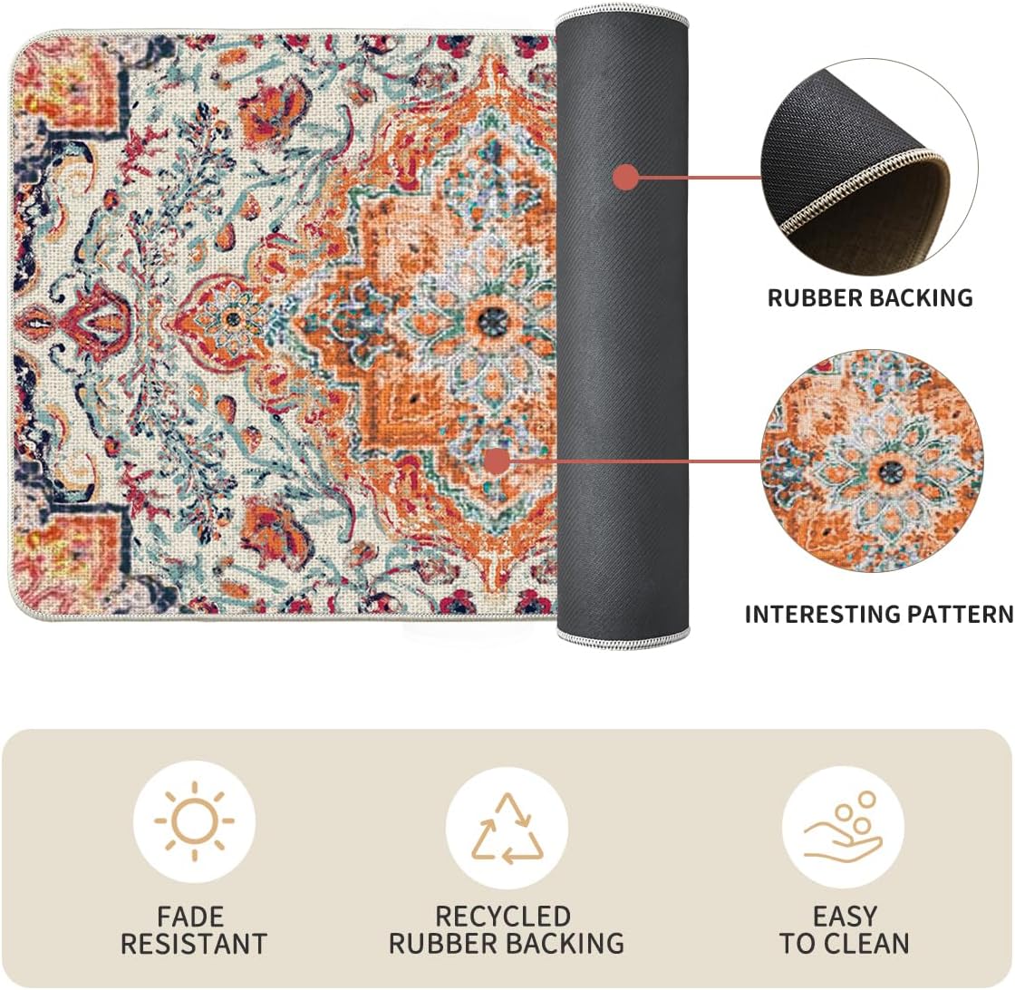 Artoid Mode Orange Flowers Bohemia Kitchen Mats Set of 2, Daily Boho Home Decor Low-Profile Kitchen Rugs for Floor - 17x29 and 17x47 Inch
