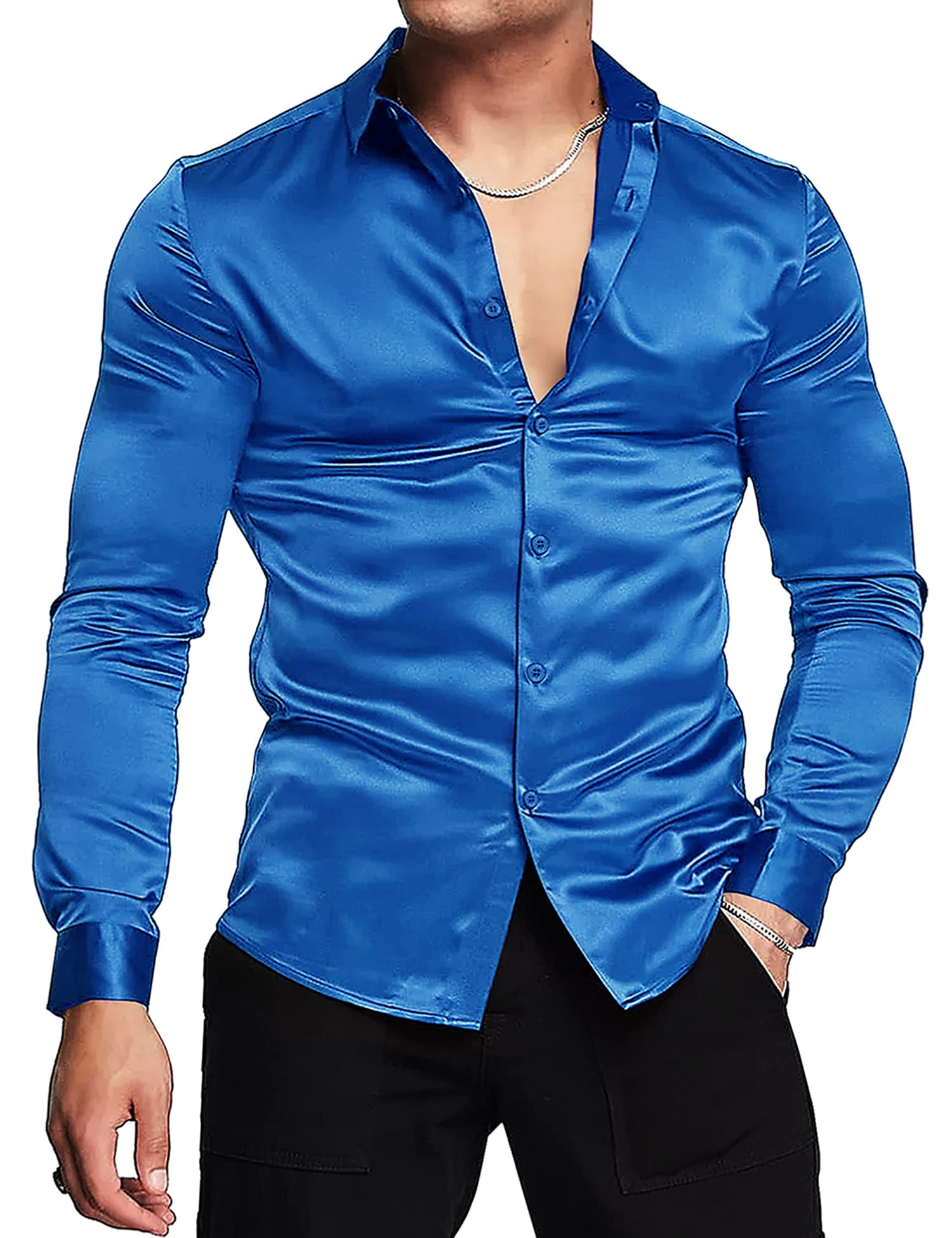 URRU Men's Luxury Silk Dress Shirt Large Royal Blue