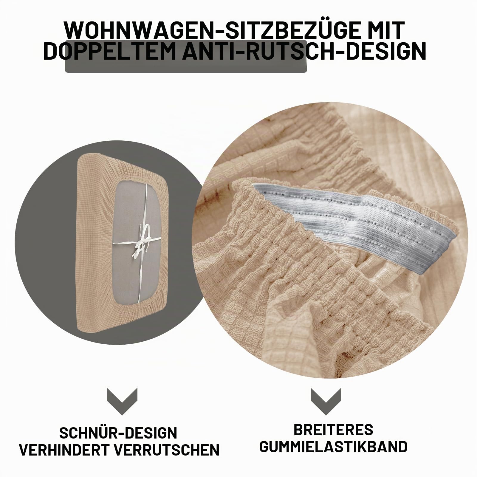 SYLC Wasserdicht Bezüge Für Wohnwagenpolster, Ersatzbezug Für Wohnwagen Polster rutschfest Mit Gummiband Und Schnürung Sofa Sitzkissenbezug (Beige,W 100-130 cm, D 30-50 cm)
