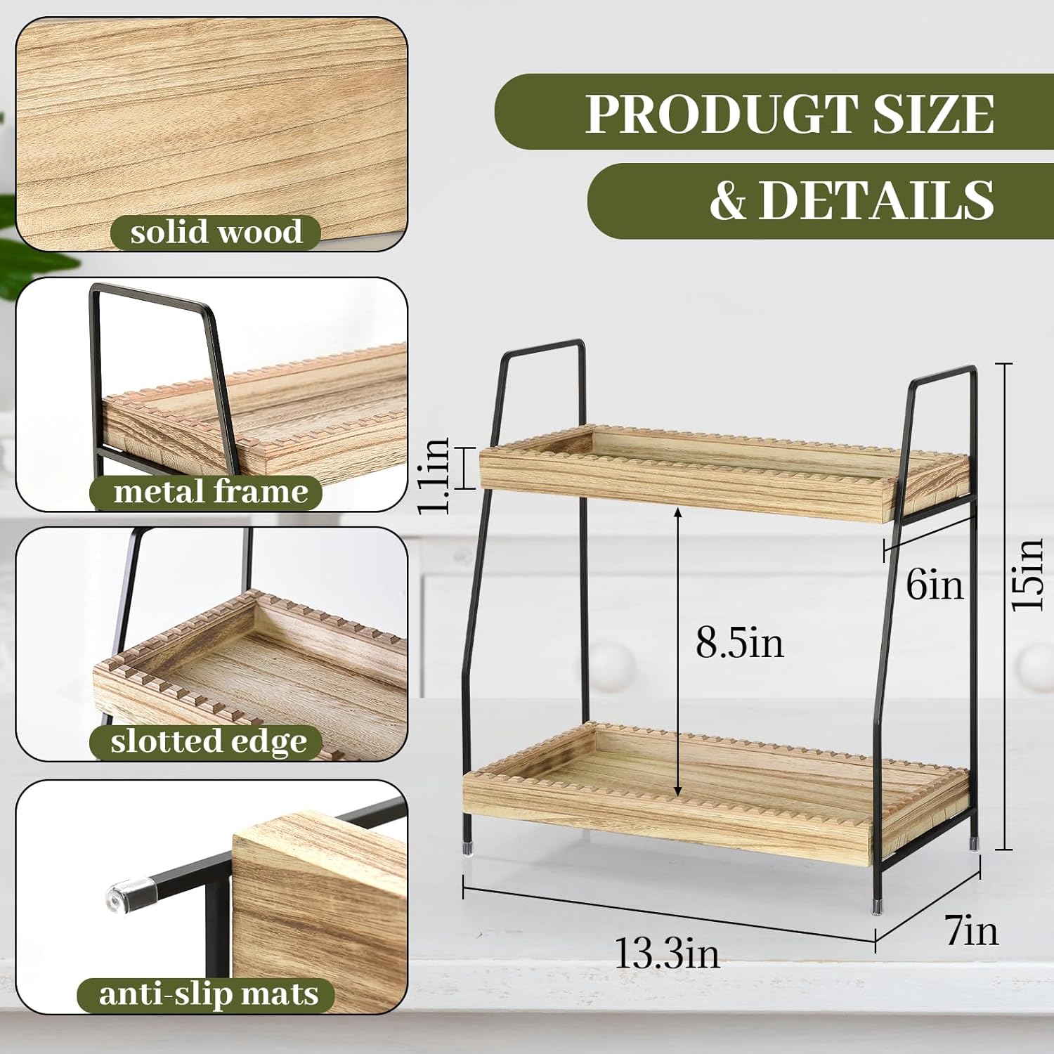 2 Tier Bathroom Countertop Organizer, Unique Slotted Edge Bathroom Organizers and Storage, Wood Counter Shelf for Storage, Countertop Organizer for Bathroom, Coffee, Kitchen