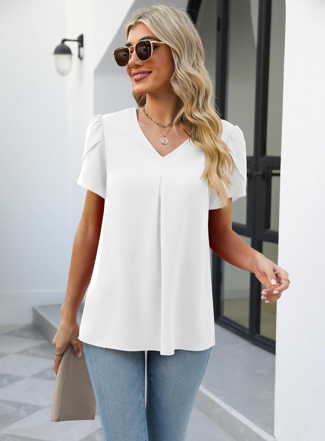 Funlingo Women's Summer Tops Short Sleeve Dressy Chiffon Blouses V Neck Work Tunic Tops Casual Loose T-Shirts - Image 7