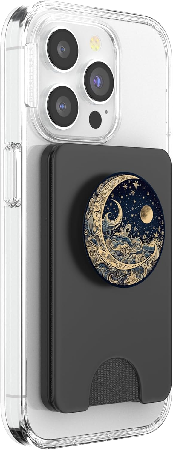 Golden Blue Crescent Moon Celestial Aesthetic Chic Boho PopSockets PopWallet for MagSafe