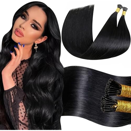 LaaVoo I Tip Hair Extensions Human Hair Jet Black Itips Hair Extensions Human Hair 28in Long Straight I Tips Hair Extensions Real Human Hair Pre Bonded Cold Fusion 50g 50s/pack