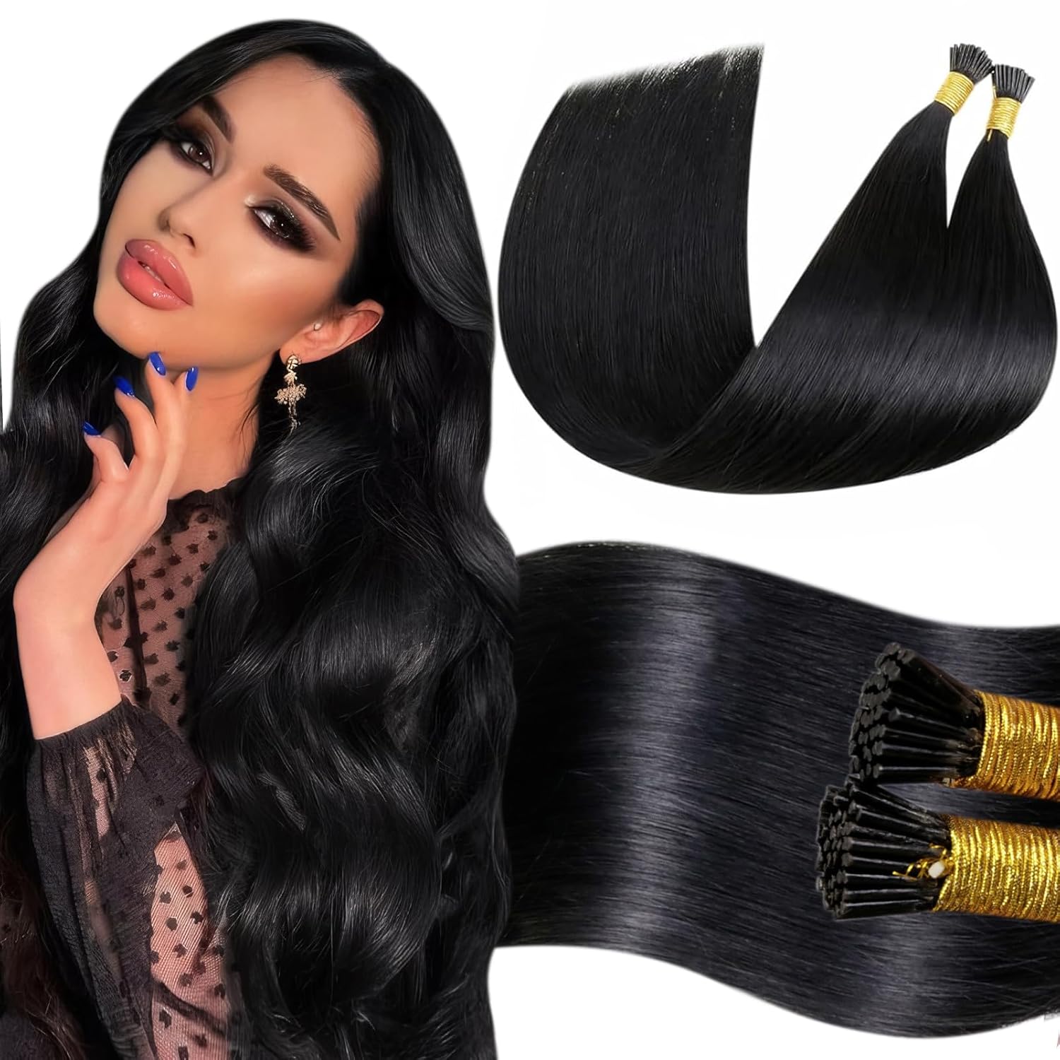 LaaVoo Itip Human Hair Extensions 22 Inch Black I Tip Hair Extensions Human Hair Jet Black 50G Itip Hair Extensions Real Human Hair Black Women 50s