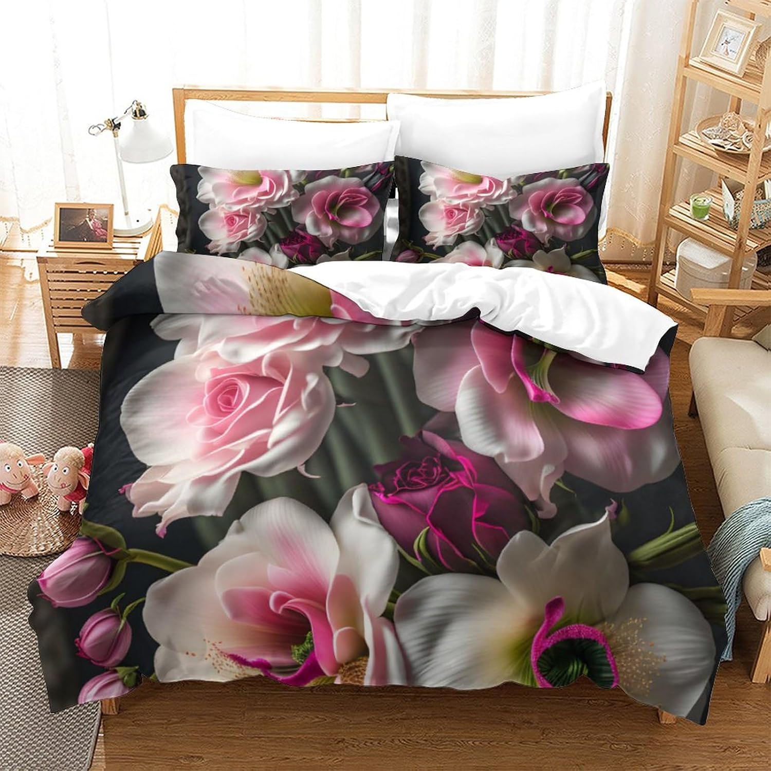 Colored Flowers Three Piece Suit Cartoon Quilt Cover Set - Super Soft Bedding Set for Kids with Pillowcase - Lightweight and Breathable Microfiber Bed Linens