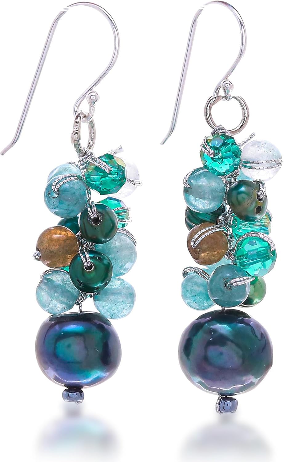 NOVICA Artisan Handmade Cultured Pearl Beaded Dangle Earrings Bluegreen Gemstone Cluster Sterling Silver Silk Quartz Dyed Freshwater Thailand Birthstone [1.7 in L x 0.4 in W] ' Winter'