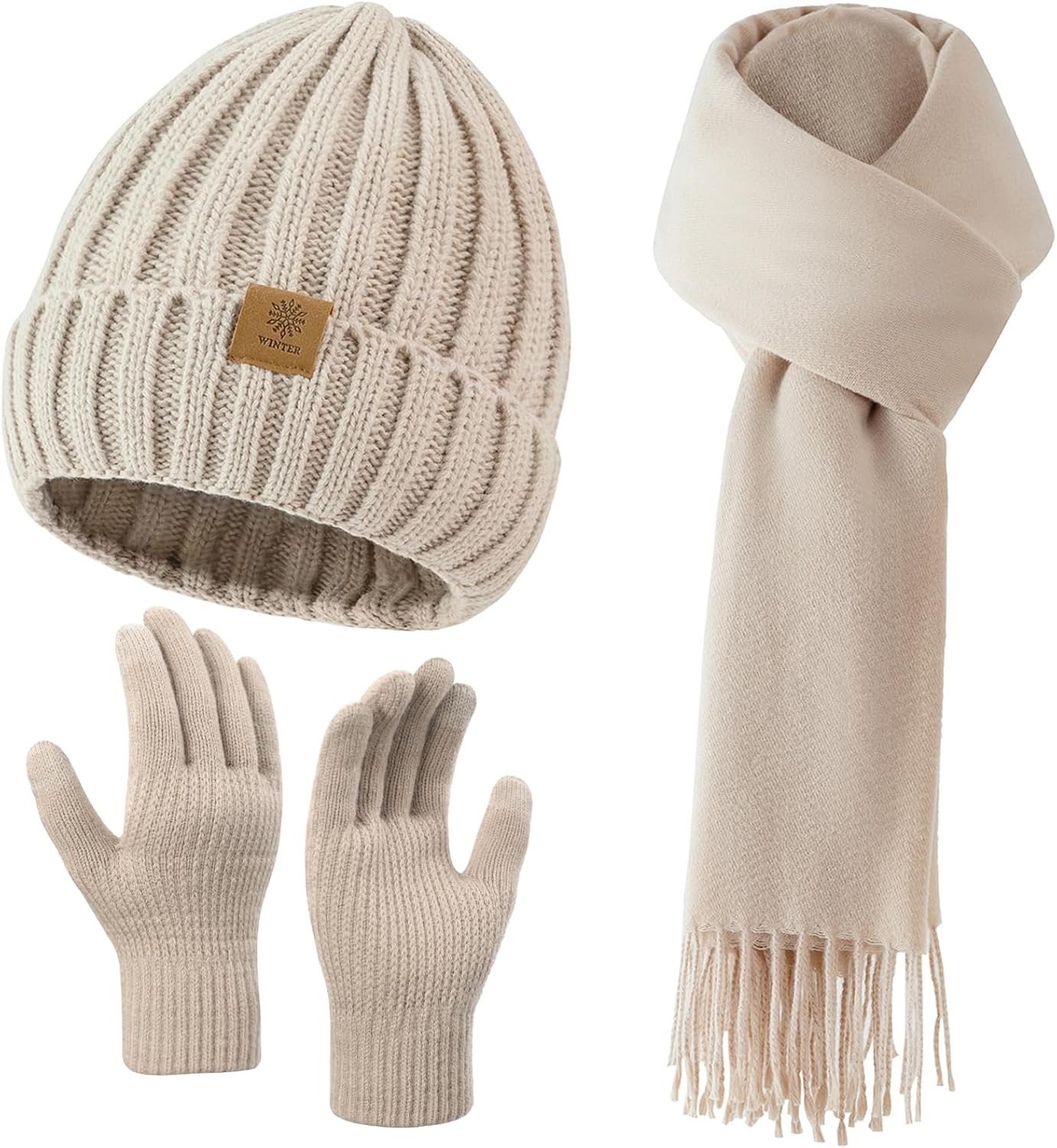 Passionbility Winter Beanie Hat Scarf Gloves Set for Women, Warm Knit Skull Cap Long Scarf Touchscreen Fleece Lined Gloves