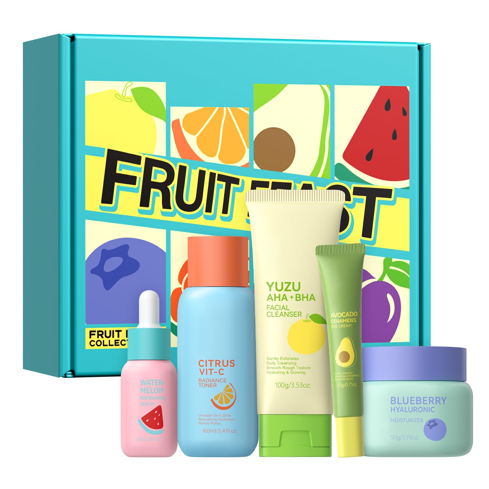 Set Skincare alla Frutta per il Viso, Set Regalo da 5 Pezzi per la Cura della Pelle, Idratante, Illuminante e Lenitivo, Adatto a Donne e Adolescenti