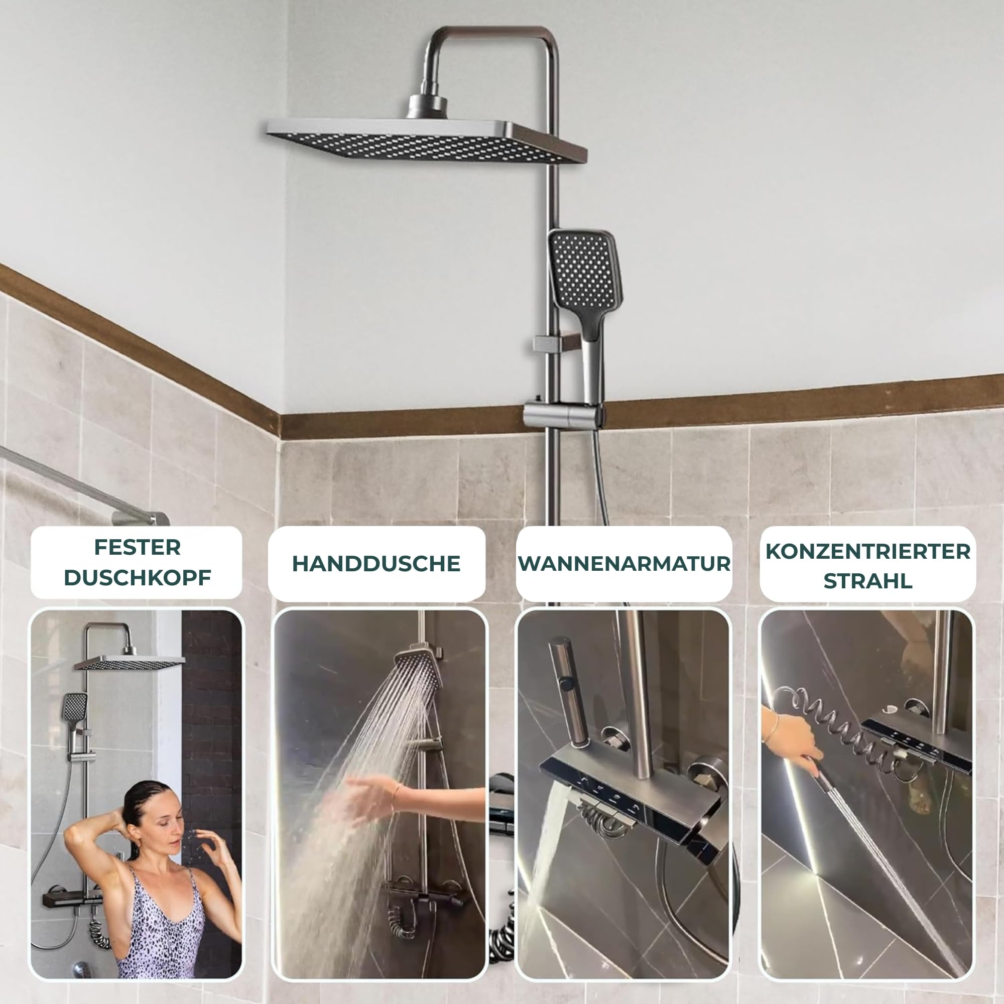 INEX EUROPA Quadratische Regendusche mit Armatur für Maximale Entspannung - Handbrause, konzentriertem Strahl und Wannenarmatur, modernes Edelstahl-Design - 10 Jahre Garantie