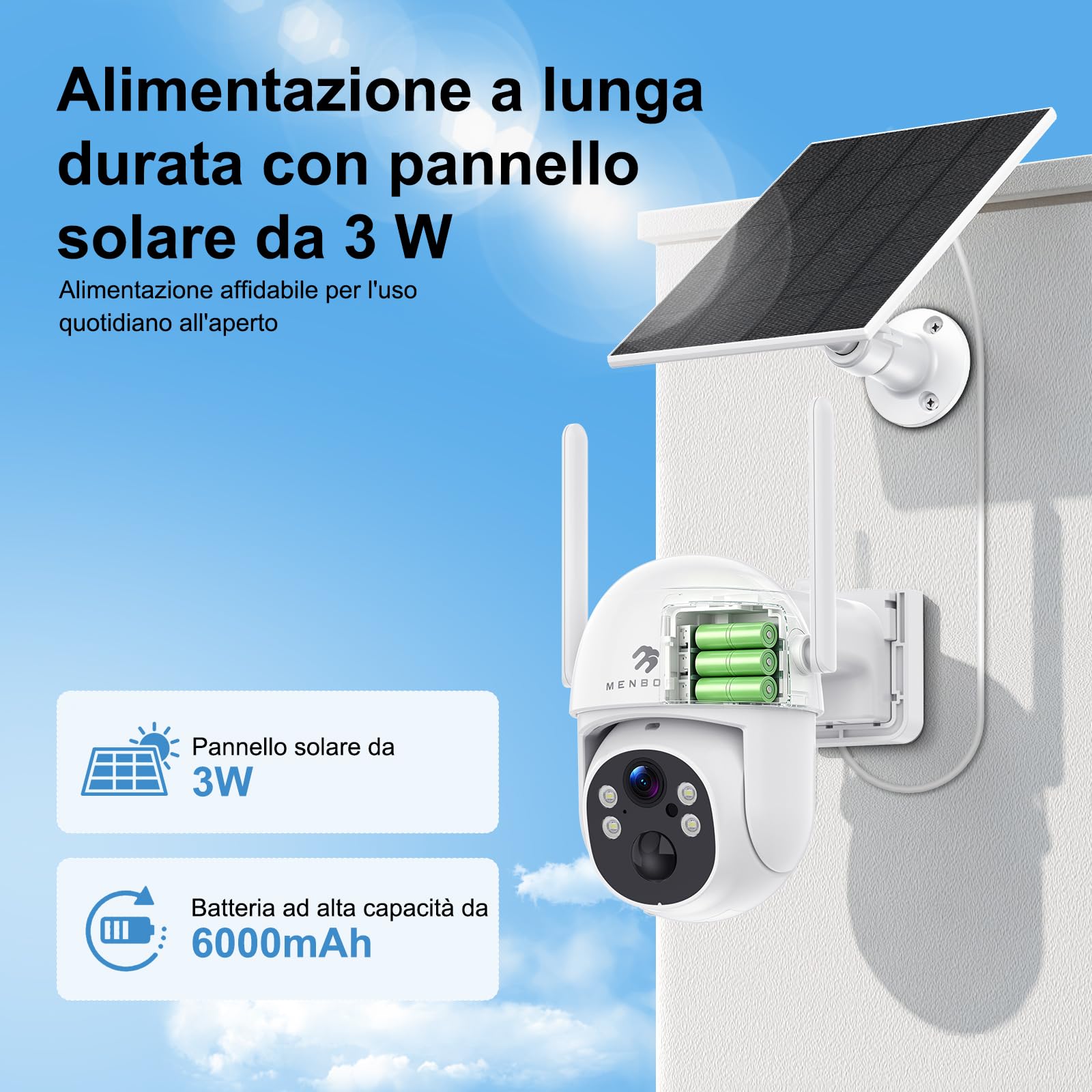 2K Telecamera Solare Esterna Senza Fili WiFi 6 2.4/5GHz, Senza Costi