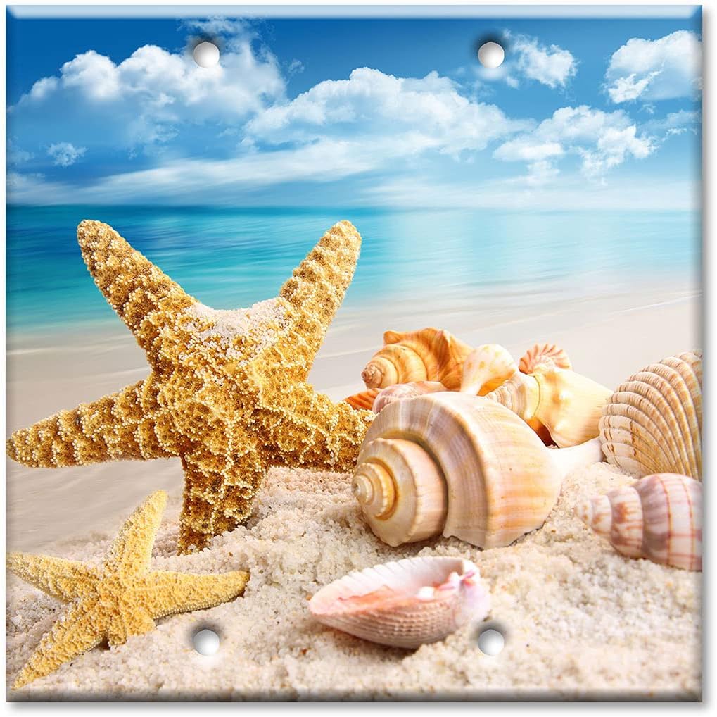 Art Plates - Two Gang Blank OVERSIZED Switch Plate - OVER SIZE Decorative Metal Wall Plate Cover - Sea Shells and Starfish on the Ocean Beach - (Made in USA)