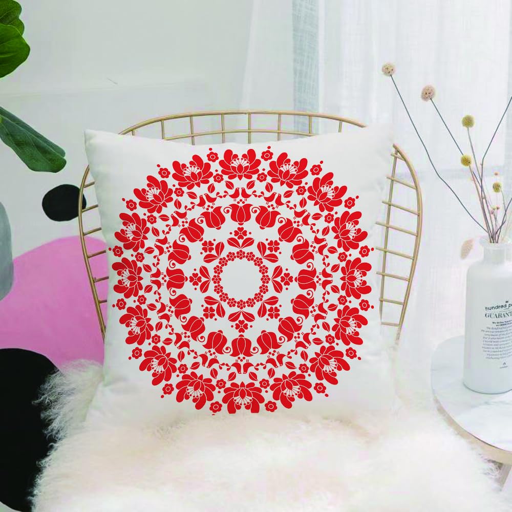 HYOSXW Cushion Cover,Throw Pillow Case Home Decorative for Living Room Bedroom Sofa Chair 16X16 Inch,Kalocsai red floral embroidery - Hungarian round folk art pattern,Pillowcase 40X40cm