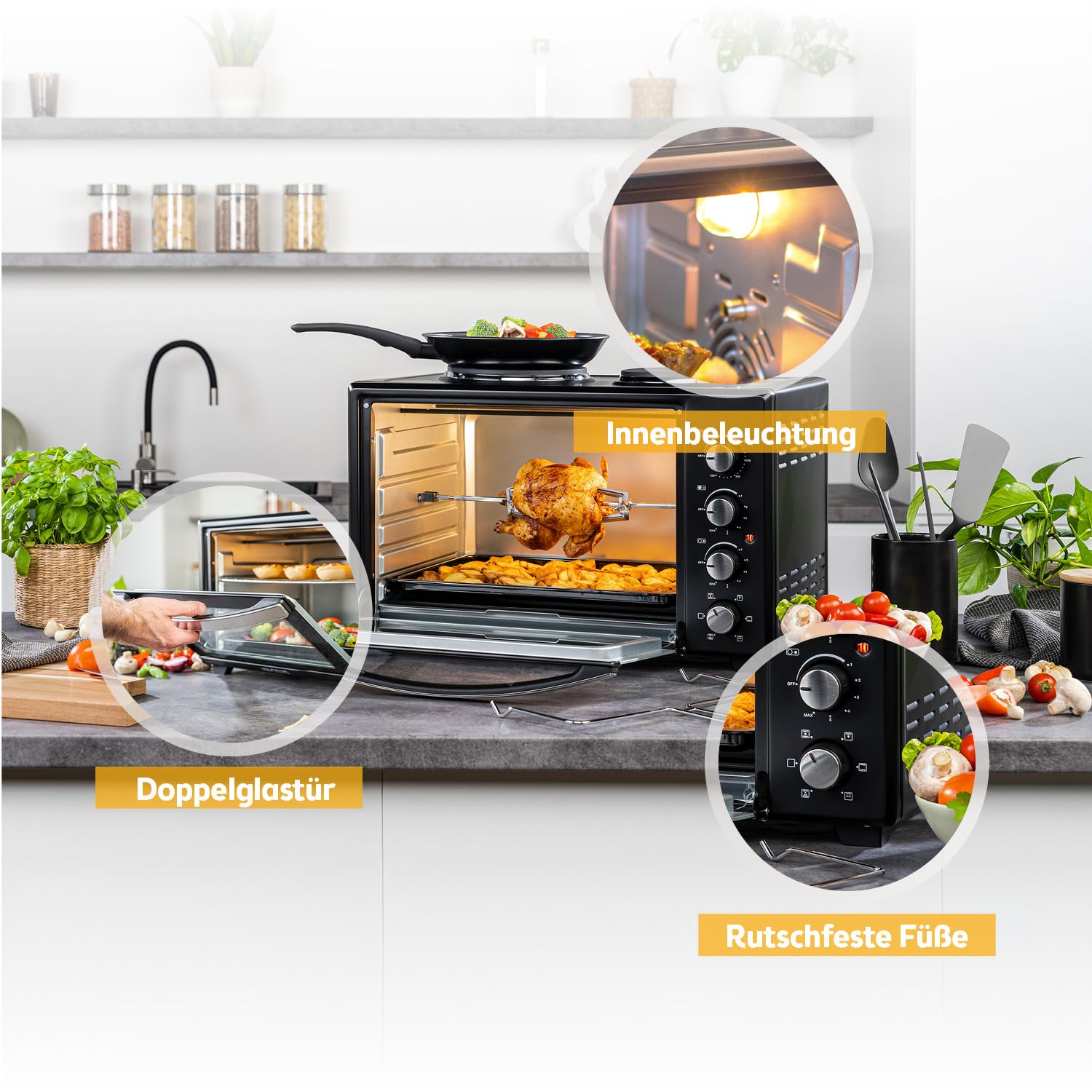 TZS First Austria - Minibackofen mit Kochplatten 30L 3200 W - Mini Backofen Pizzaofen mit Herdplatten bis 230°C & 6 Heizmodi - Miniofen Kombigerät mit 4 Einschubhöhen & hochwertigem Zubehör