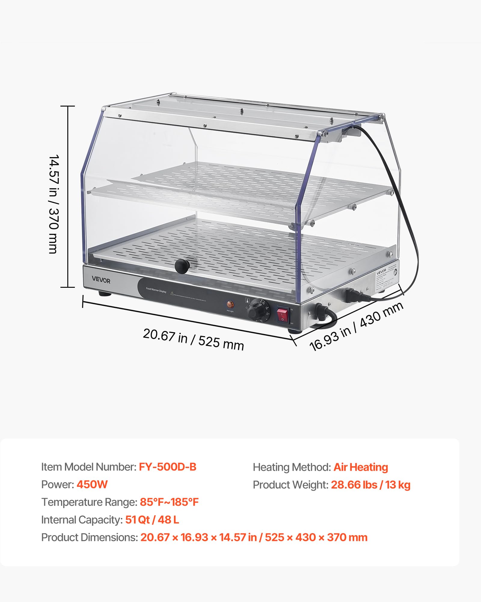 VEVOR Scaldavivande commerciale a 2 livelli, scaldavivande da 450 W con luce, ripiani staccabili e design a doppia porta, riscaldamento ad aria da 29,4 °C a 185 °C, 48 litri per hamburger, pizza, pane