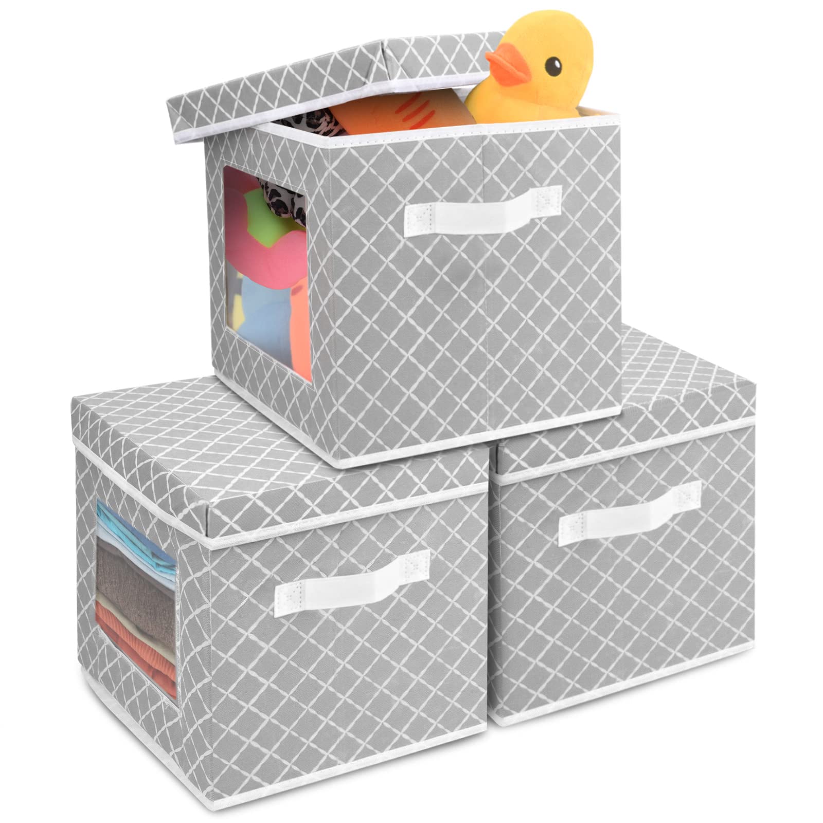 Keaxinty Fabric Storage Bins with Lids?3 Pack of 13 inch Cube Storage Bins, Foldable Organizer to Store Toys,Towels,Clothes,Books in Home, Shelves,Bedroom,Office