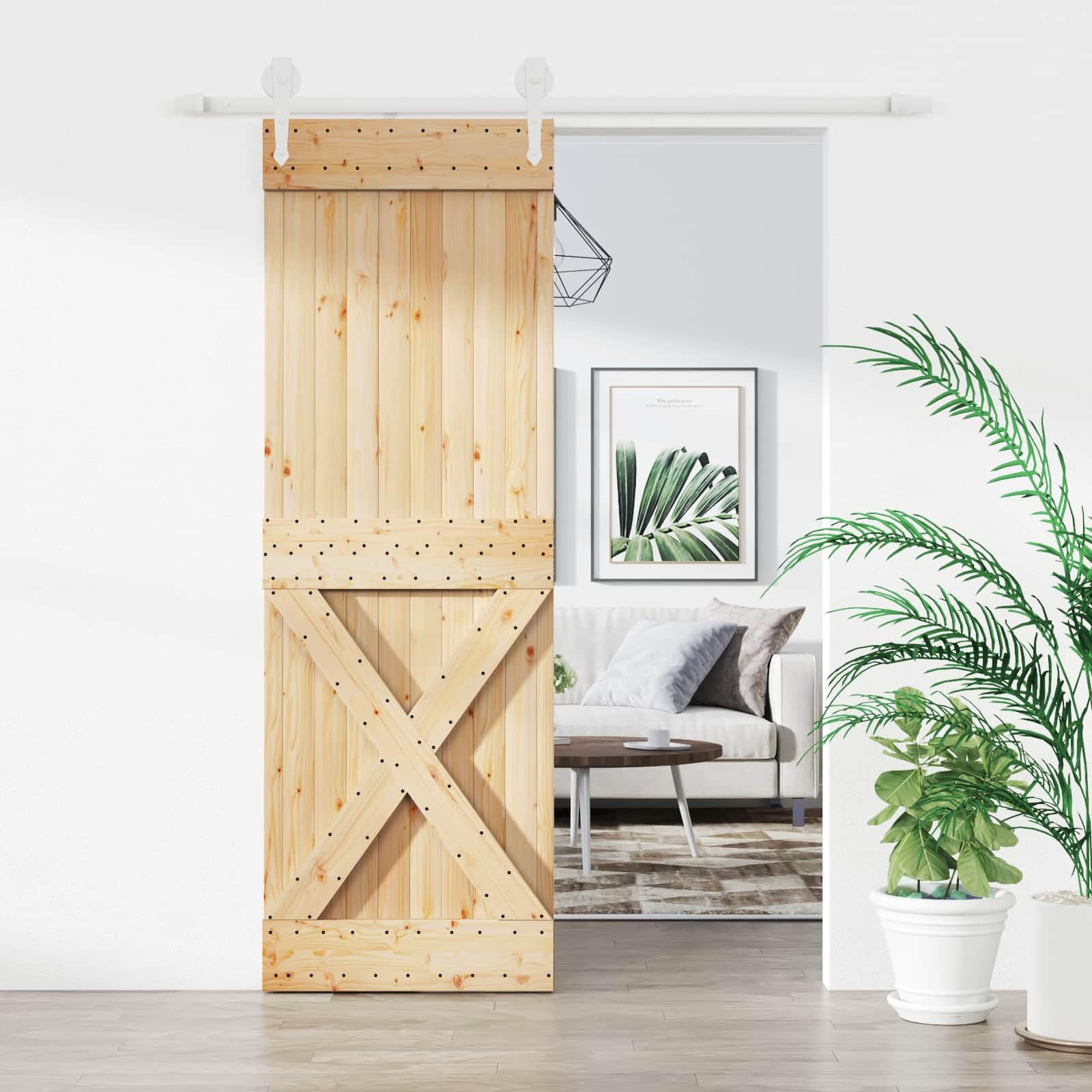 Puerta corredera de pino macizo, 70 x 210 cm, natural y blanco, con parte