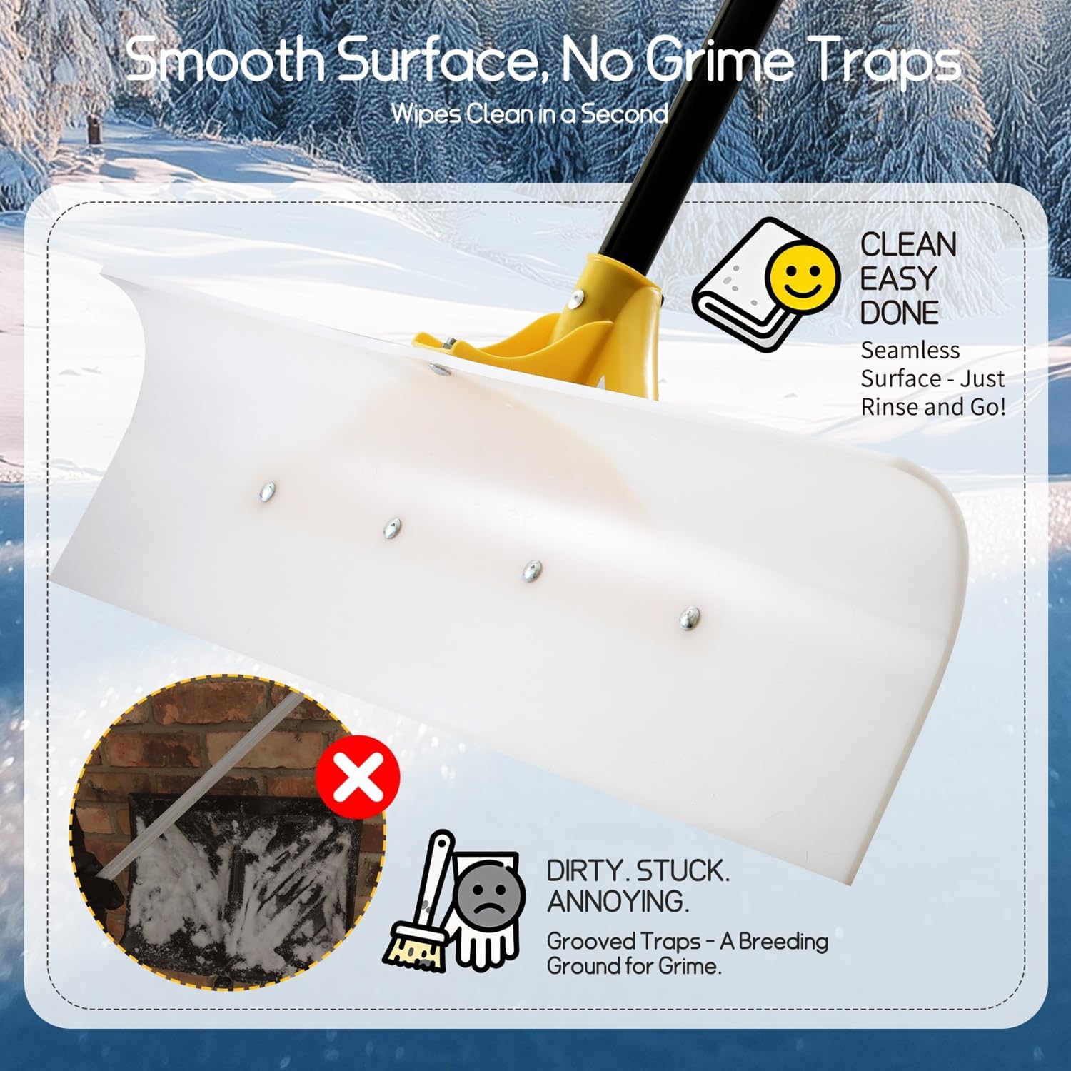 YEITSNOW Heavy Duty Snow Pusher Shovel for Driveway 30" Ergonomic Snow Removal Tool with Durable Plastic Blade with Wide Grip