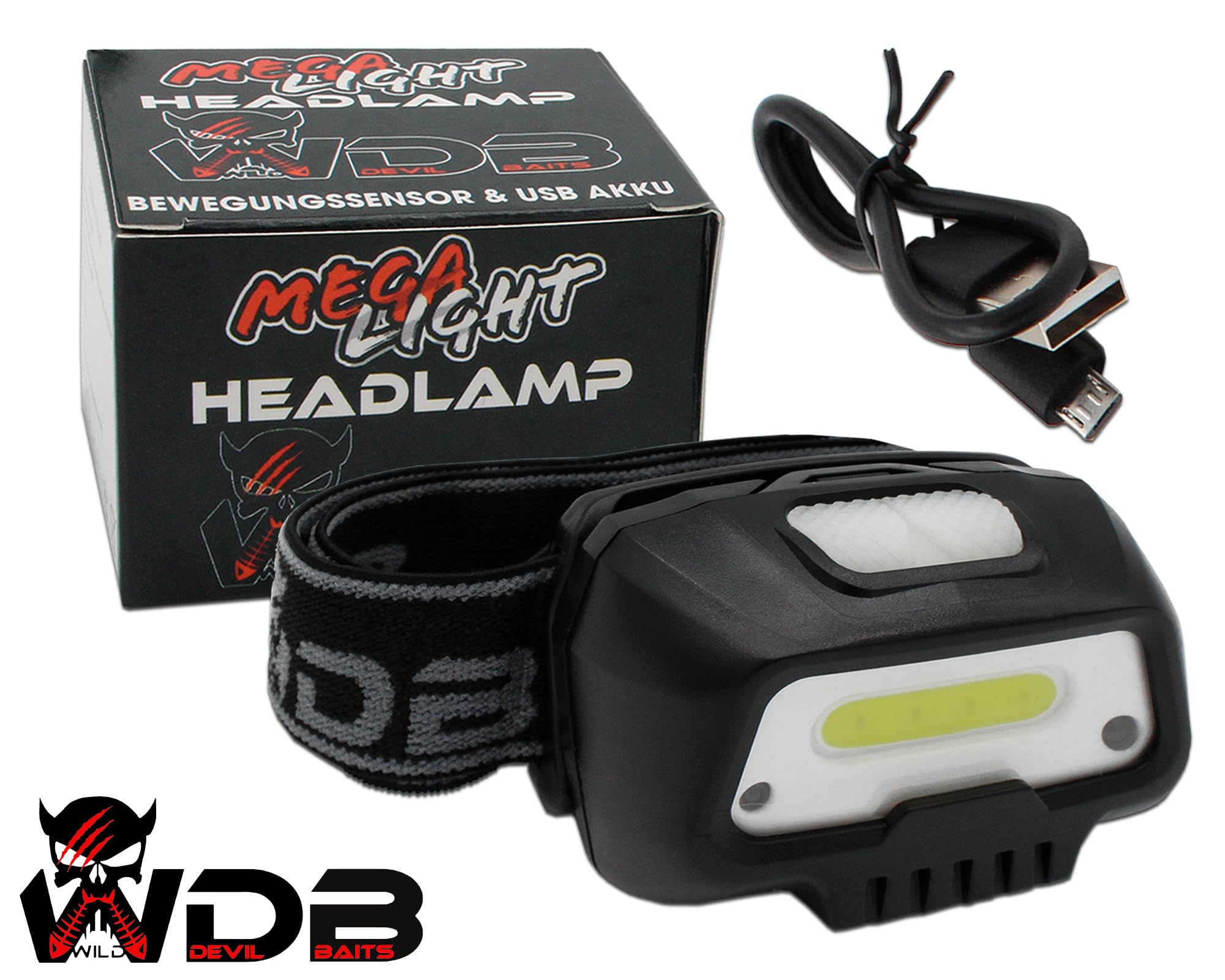 Angel-Berger Wild Devil Baits Mega Light Head Lamp - Linterna frontal con sensor de movimiento, USB, sensor de batería, LED