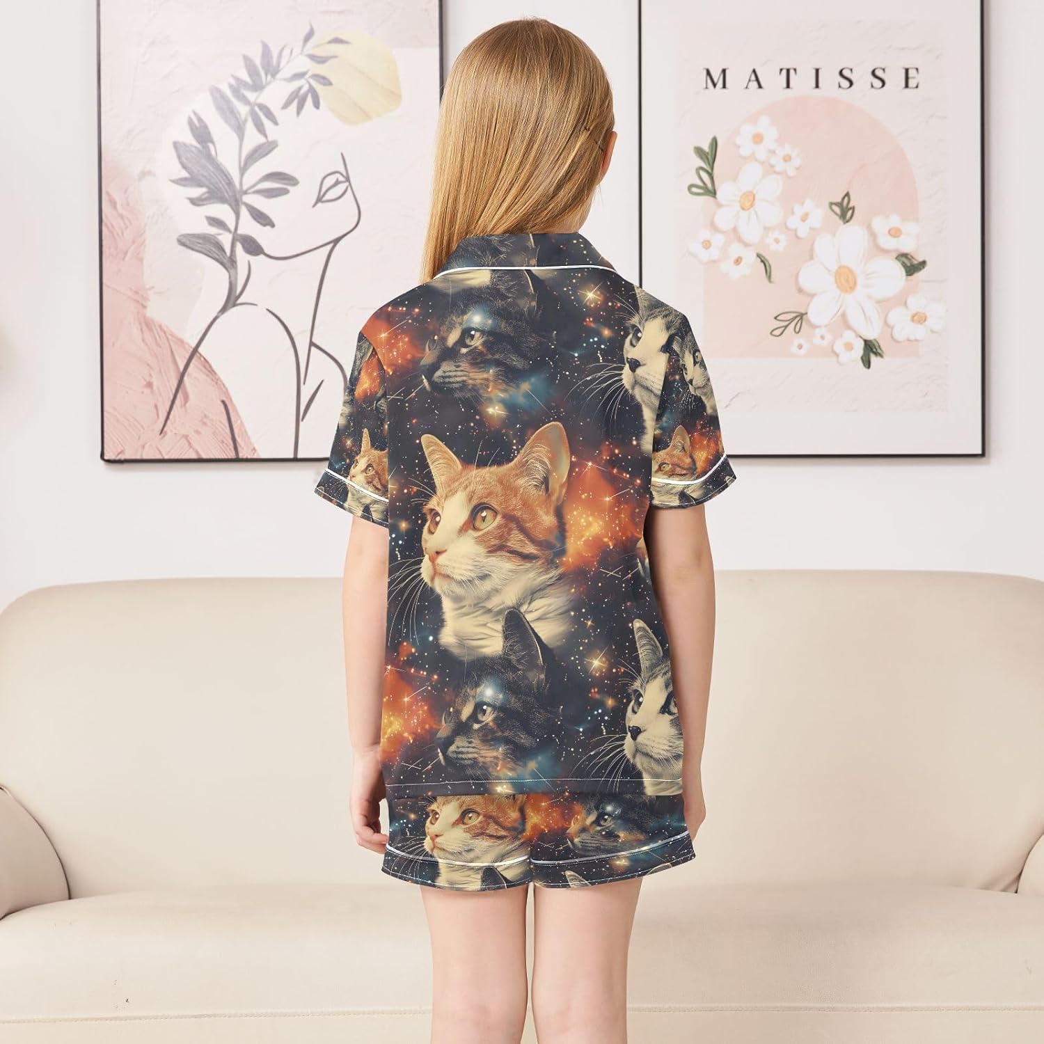 senya Cats on Nebula Comics Satin Summer Pajama Sets Silk Short Sleeve Button Down Sleepwear