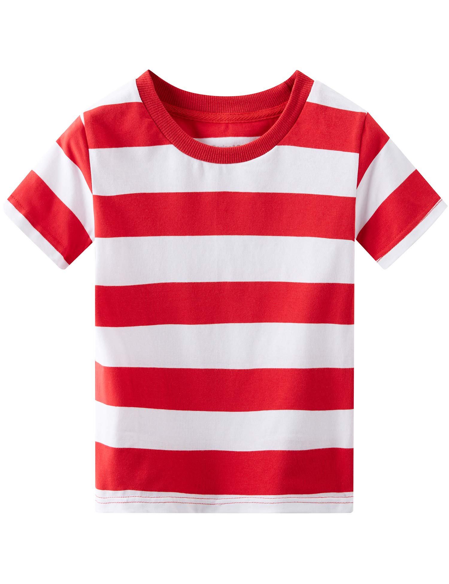 Spring&Gege Boys' Short Sleeve Striped T-Shirt Cotton Crew Neck Tees, Red and White Stripes, 5-6 Years