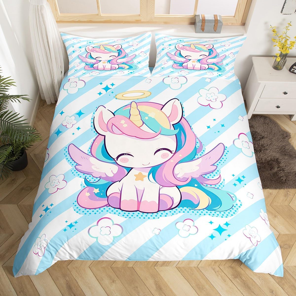 Cartoon Unicorn Duvet Cover Set Toddler Size,Rainbow Unicorn Bedding Set for Kids Boys Girls Room Decor,Blue Stripes Clouds Comforter Cover with Pillow Sham Zipper Closure,Comforter Not Included