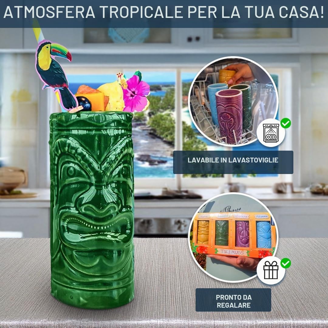 mikamax – Tiki Mugs – Bicchierini Set di 4 – Cocktail Mai Tai –– Tazze in Ceramica – 29 x 8 x 15 cm – Drinks – Glasses