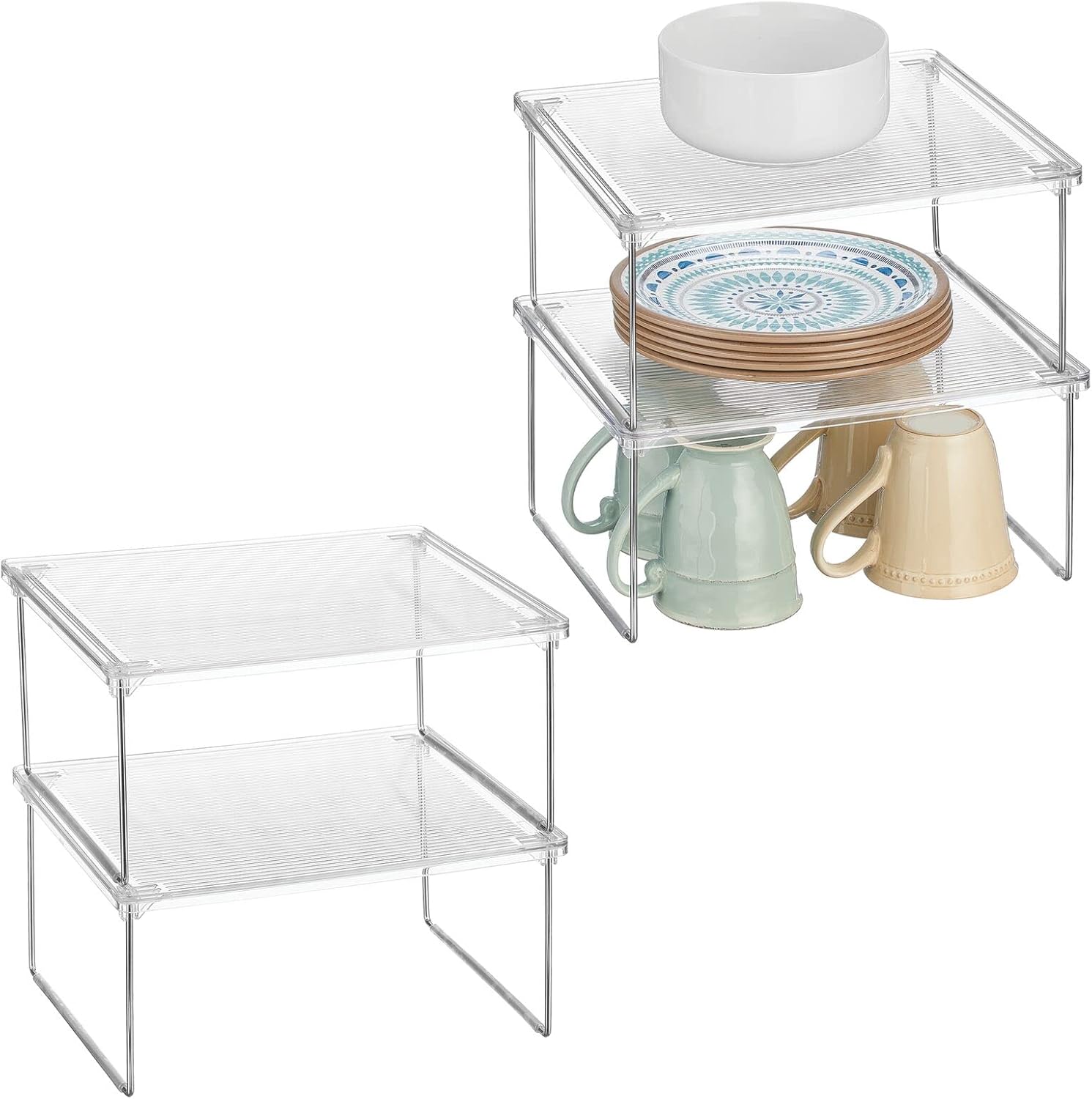 mDesign Metal Stacking Storage Organization for Shelves Inside Cabinets in Kitchen, Pantry, Cupboard, Fridge/Freezer - Organizer Stand for Plates, Bowls, Mugs, Ligne Collection, 4 Pack, Clear/Chrome