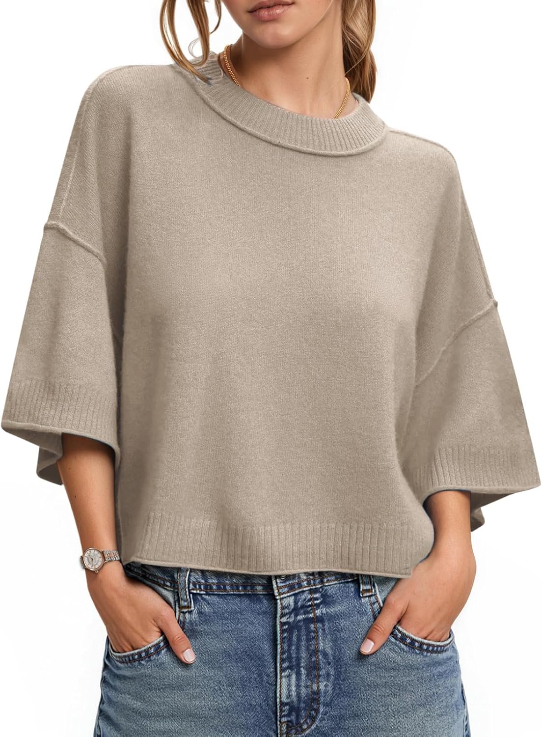 Women's Spring Sweater Cropped 2026 Fashion 3/4 Short Sleeve Casual Crewneck Knit Tops Loose Lightweight Pullover