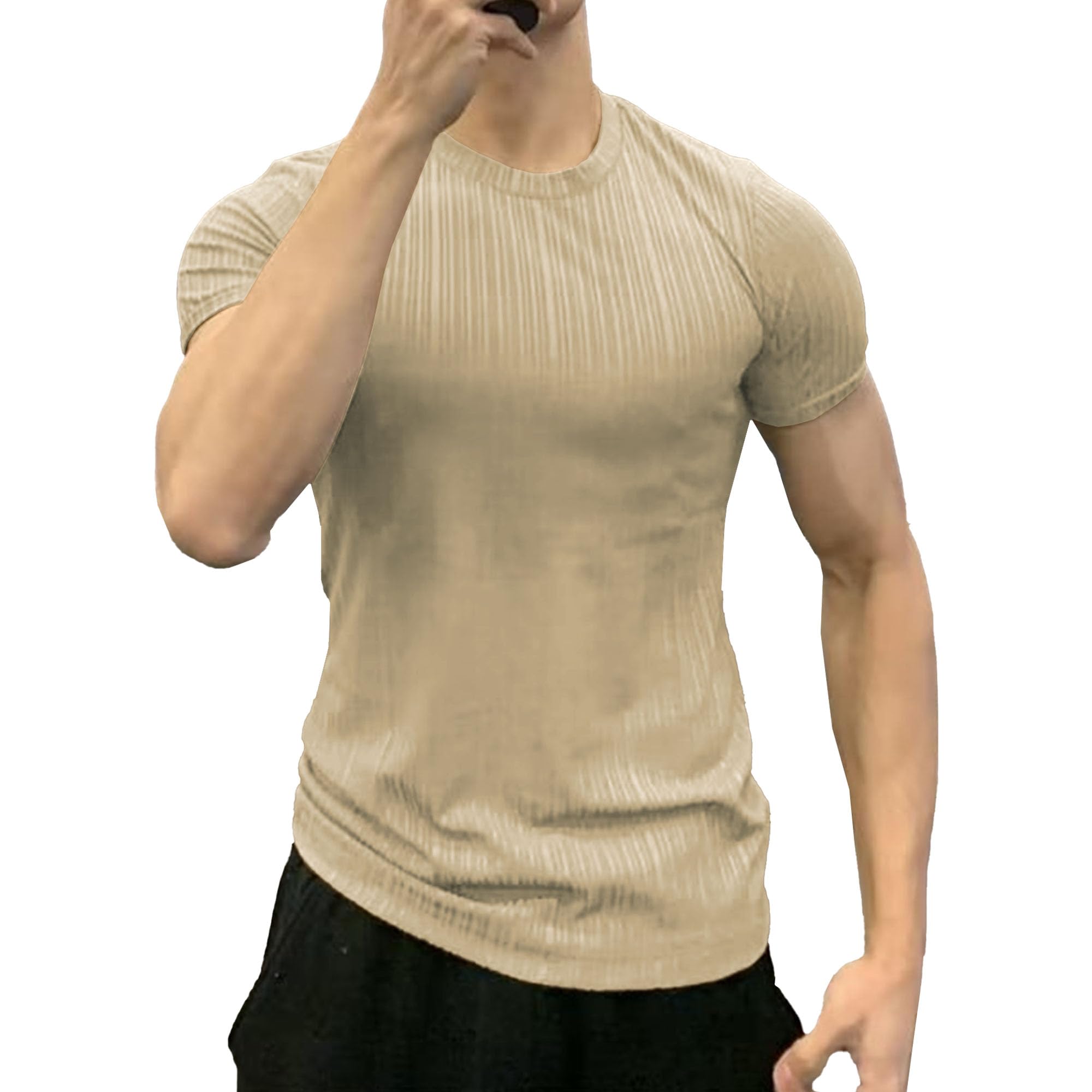 Men Thin Round Neck Short Sleeve T-Shirt Slim Striped Comfy Bottoming Shirt Summer Classic Cozy Exercise Pullover (Apricot,Medium)