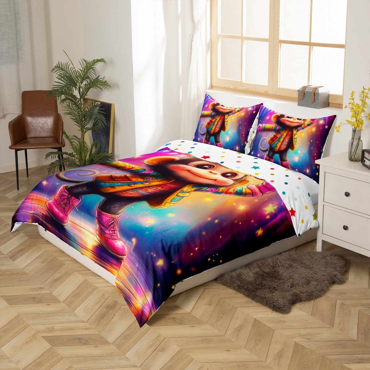 Cartoon Monkey Duvet Cover Set Toddler Size Colorful Rainbow Neon Bedding Set 2pcs for Kids Teens Tropical Animal Comforter Cover Cute Star Glitter Print Quilt Cover,1 Pillowcase(Not Comforter)