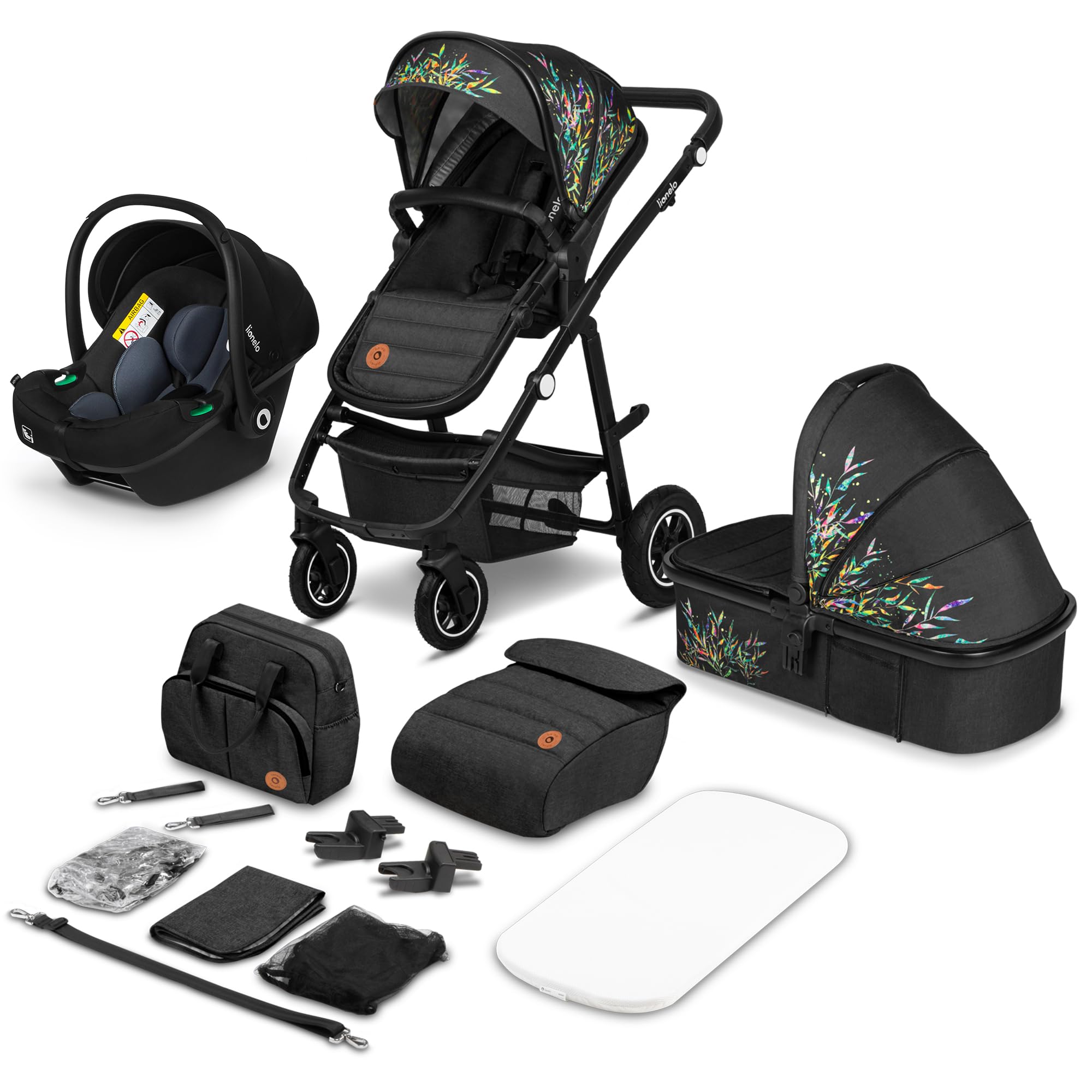 LIONELO Amber Passeggino Trio 0-22 kg Passeggino set 3-in-1: Passeggino + Navicella + Ovetto per neonato e bambini 0 fino a 48 mesi o 22 kg Regolabile e pieghevole, Ruote grandi, Cappotina XXL | Passeggino Per bambini Fino a 22 kg con Navicella e Ovetto,
