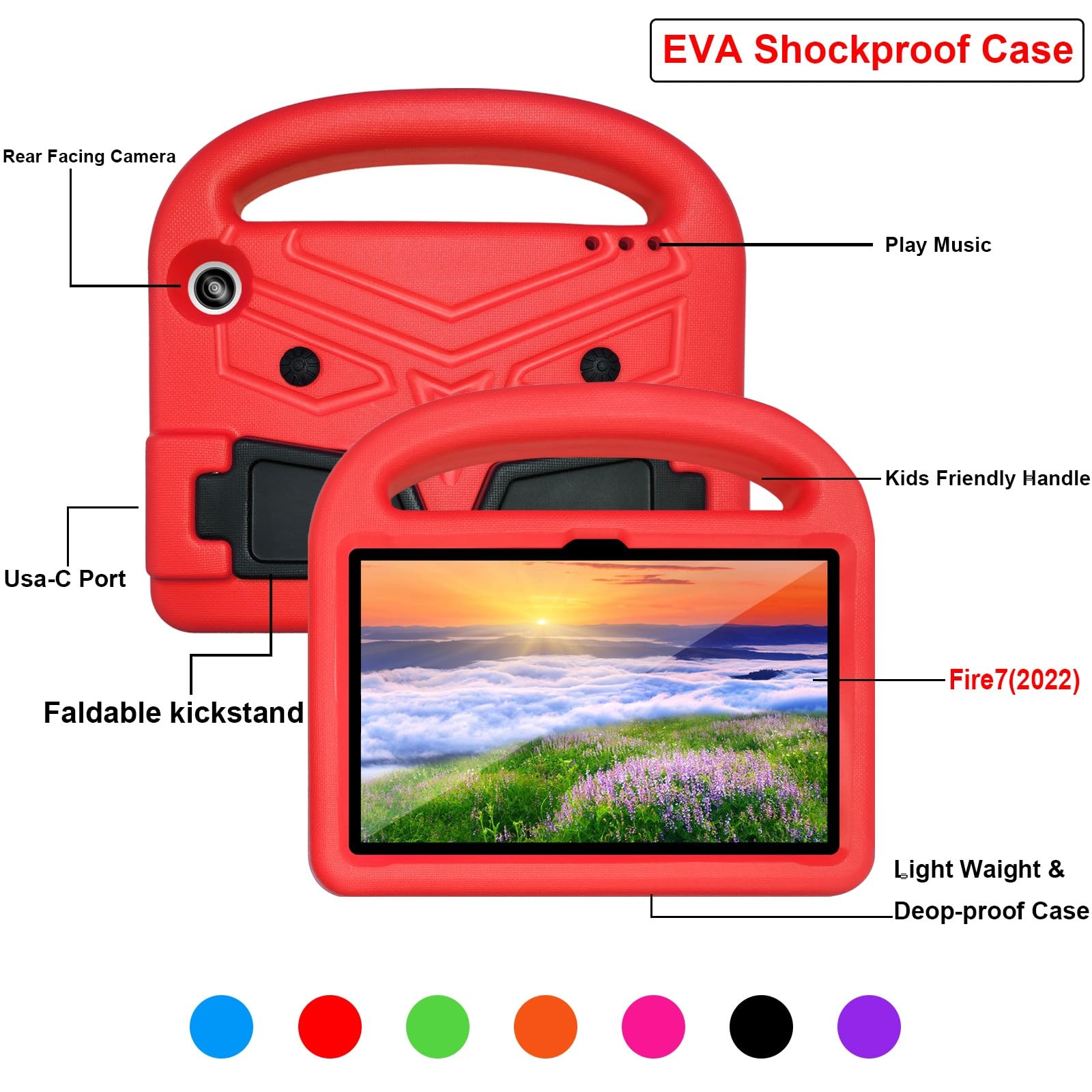 Custodia protettiva per tablet PC compatibile con Kindle Fire 7 di 12a generazione da 7" 2022, custodia per tablet compatibile con bambini, leggera in EVA antiurto a prova di caduta, con manico e
