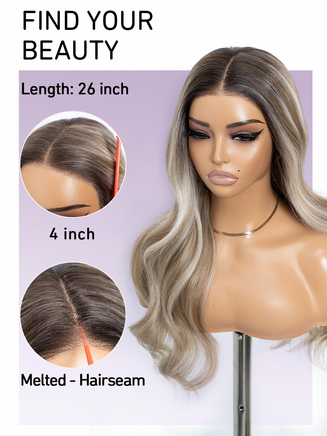 STYLE ICON Perruque blonde longue et ondulée pour femme, 66 cm, raie au milieu, bord en dentelle avec racines foncées, synthétique, sans colle, prête à porter