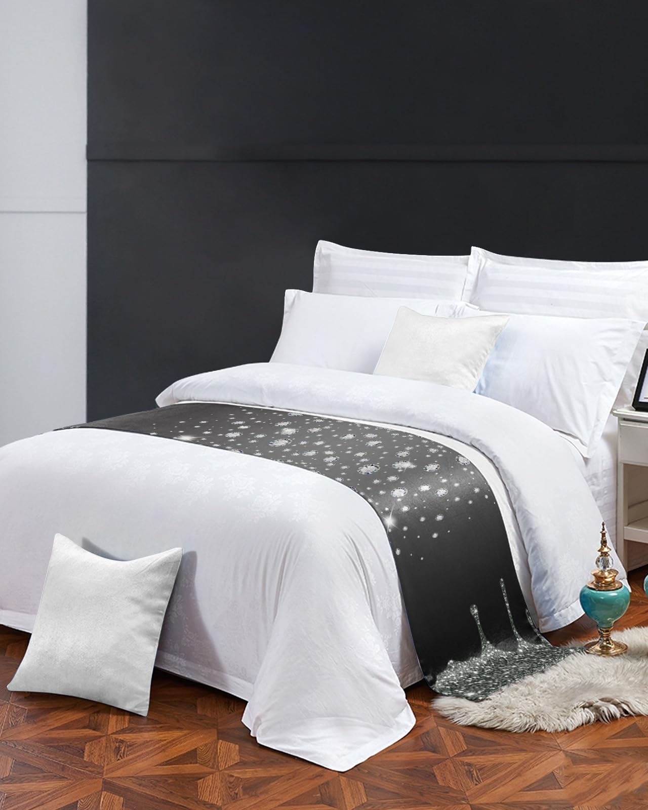 Black White Marble Gold Crack Bed Runner - 102x20" King Size Decorative Bedding Scarf