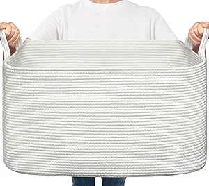 Goodpick Large Blanket Basket Living Room, Storage Baskets for Organizing, Woven Rope Laundry Basket for Toy Storage, 21.6" x 14.9" x 11.8", White