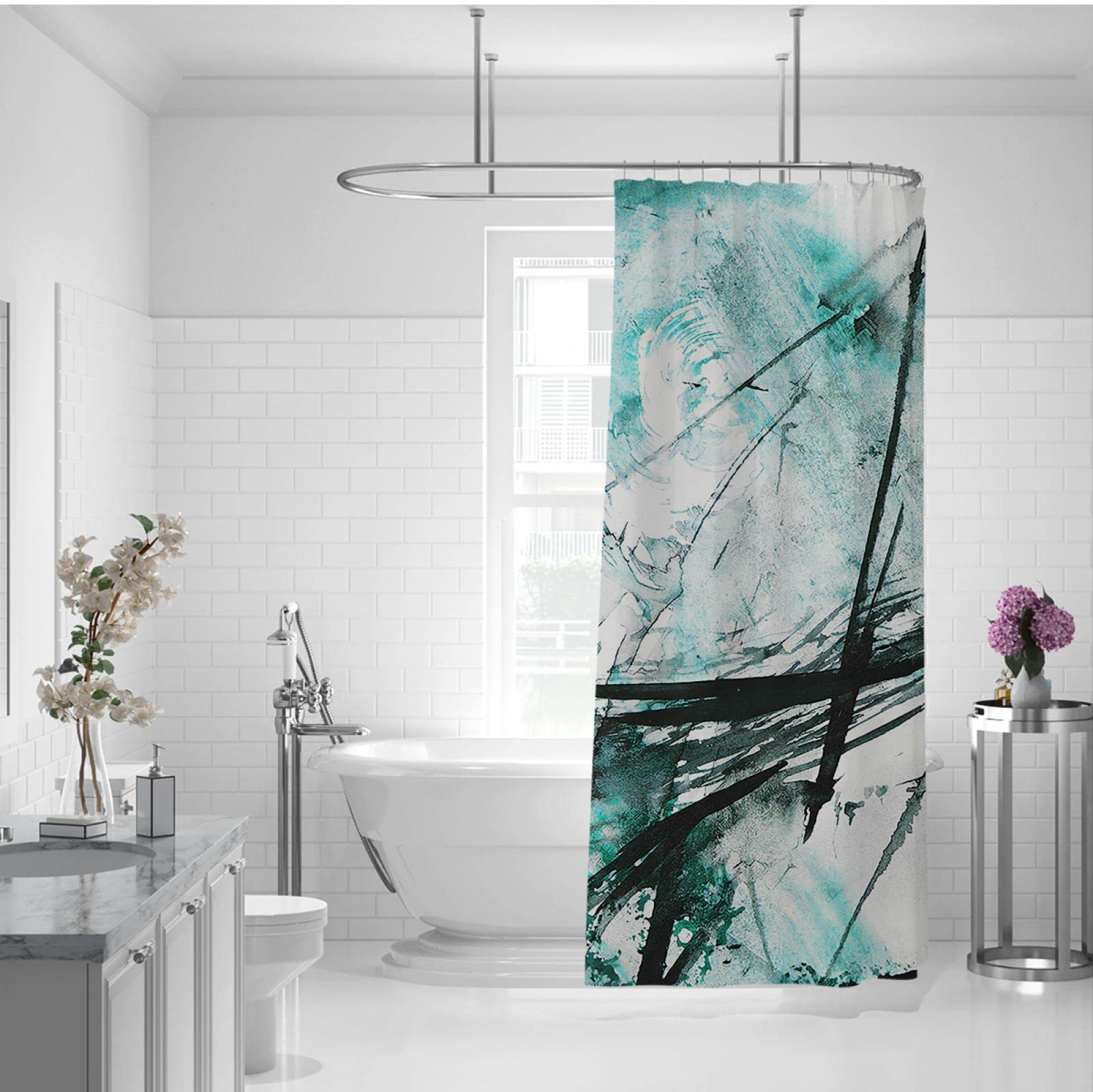 Pintura Abstracta con Juegos de Cortinas de Ducha Azules Juego de Cortinas de Ducha de Tinta artística con Ganchos Cortina de Ducha Impermeable y fácil de Limpiar para baño W190xL220cm