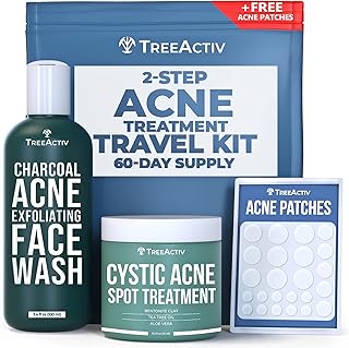 TreeActiv 2-Step Acne Treatment Travel Kit + Pimple Patches | Sulfur 3% & Charcoal Exfoliating Face Wash + Bentonite & Tea Tree Blemish Spot Clay | Milia, Blackhead, Whitehead System for Teens, Adults