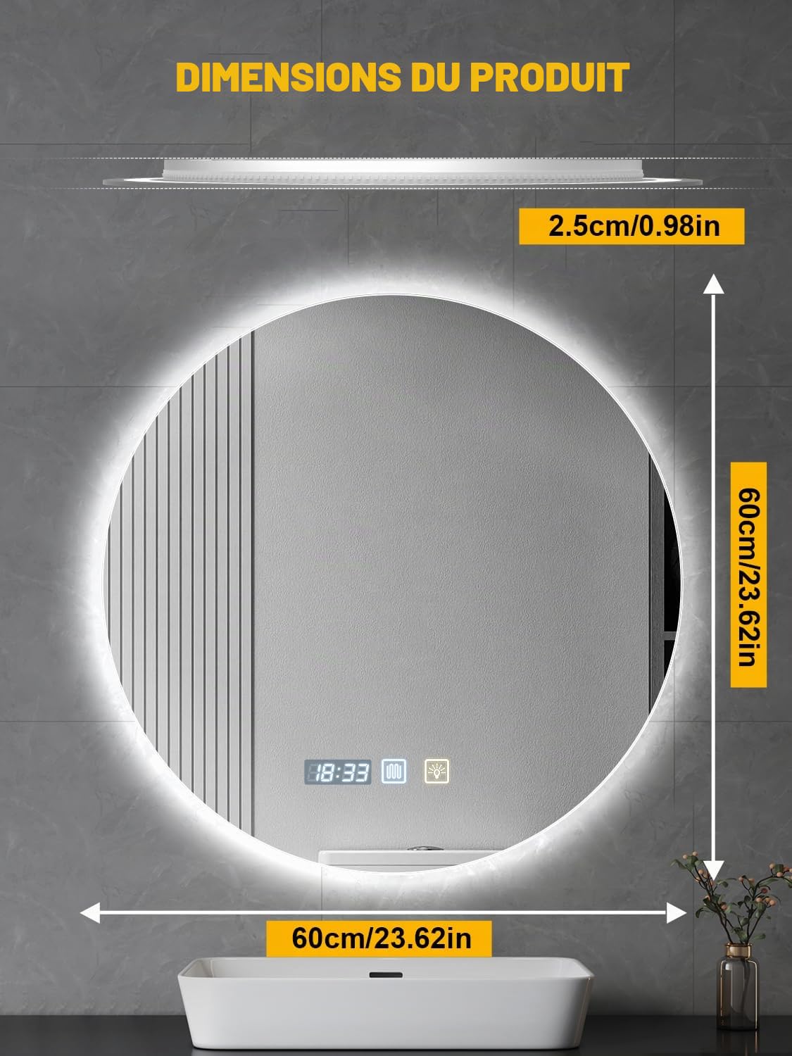 Miroir de salle de bain LED rond de 60 cm avec éclairage - Intensité variable et 3 températures de couleur (blanc chaud/blanc froid/lumière du jour) - Interrupteur tactile - LED économe en
