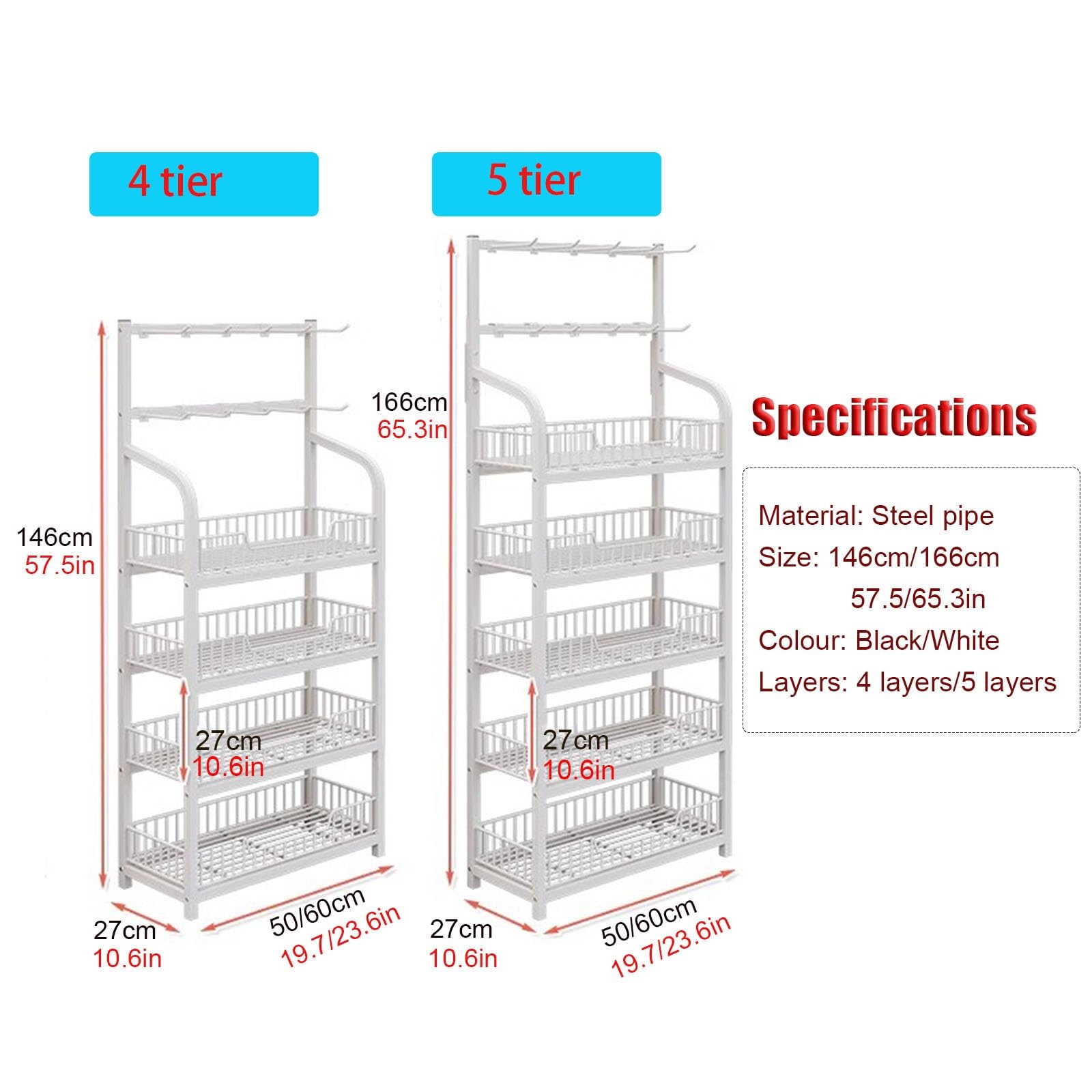 Gemüseregal für Küche 57 65 Zoll (144 cm) Snackregal-Organizer aus Stahl, Regaldisplay für gewerbliche Supermärkte mit Haken, für Büro, Küchenschrank, Speisekammer, Imbissbude, Party, einfach zu mont