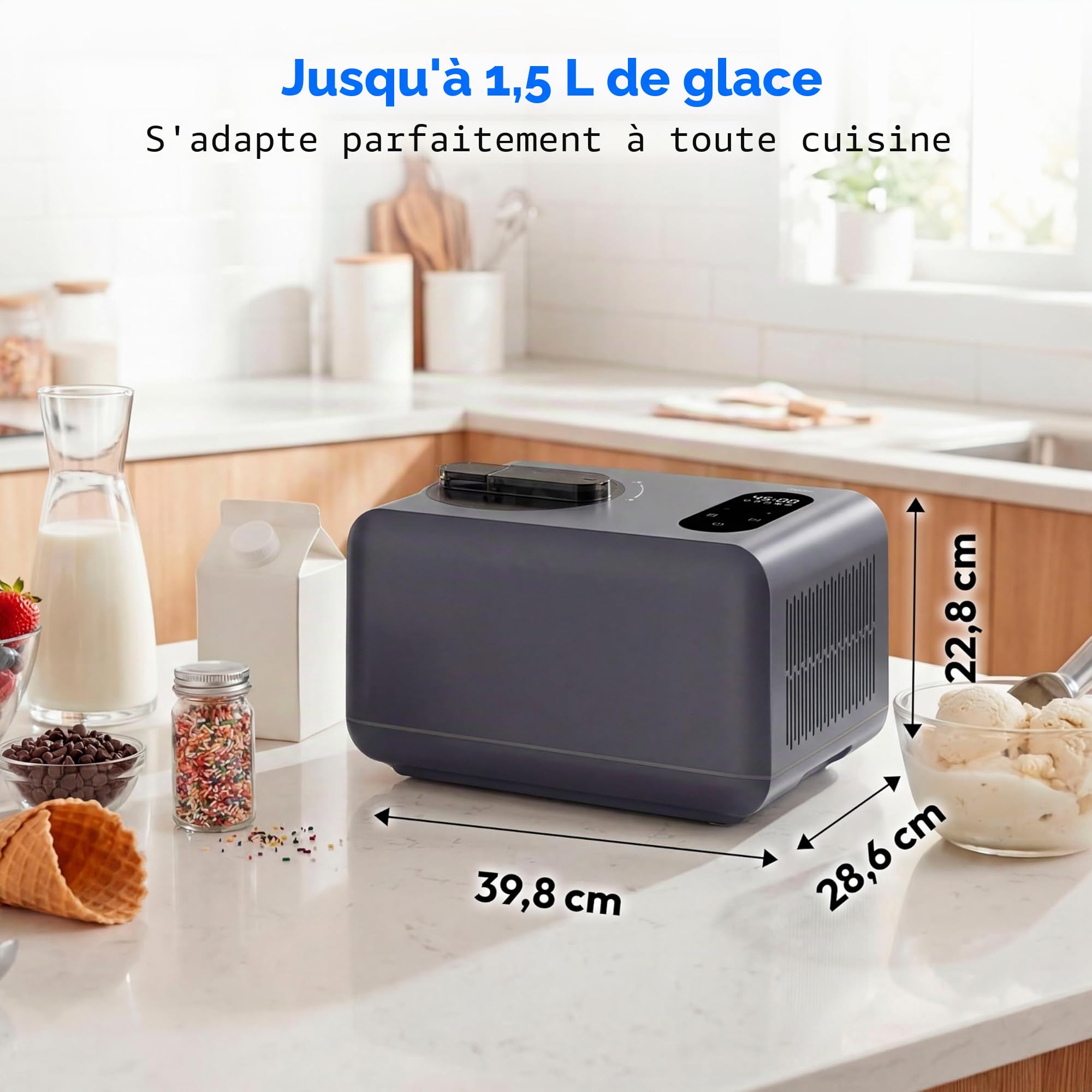 MEDION Sorbetière à compresseur, glace yaourt et granité sans prérefroidir | Écran tactile, auto-refroidissante, avec verre doseur, cuillère et spatule, MD 100087