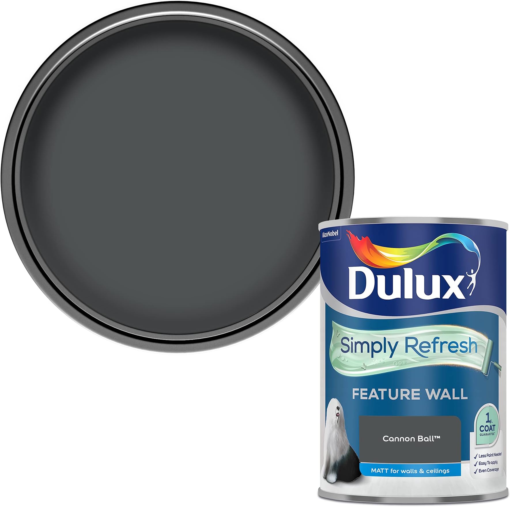 Dulux Simply Refresh Feature Wall Matt Emulsion Paint, 5569239, Cannon Ball - 1.25 L