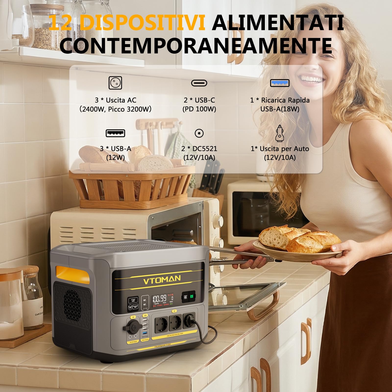 VTOMAN FlashSpeed 2400 - Stazione di alimentazione portatile con cavo di avviamento, 2400 W CA (picco di 3200 W), batteria LiFePO₄ da 1408 Wh, espandibile fino a 2688 Wh, ricarica rapida in 1 ora