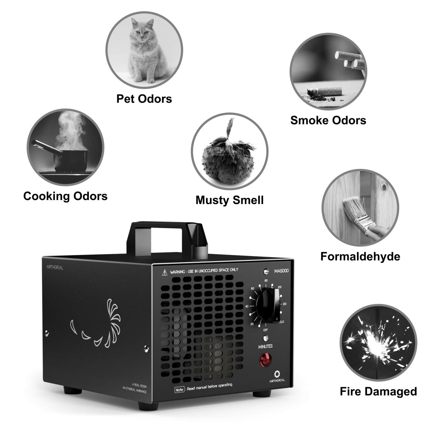 Gnrateur D'ozone Pour Voiture Et Cave Gnrateur D'ozone Airthereal MA5K  - limine Les Odeurs (fume, Animaux, Moisissure) - Jusqu' 185 M,  Minuteur 120 Min Aspirateur Fume Cigarette