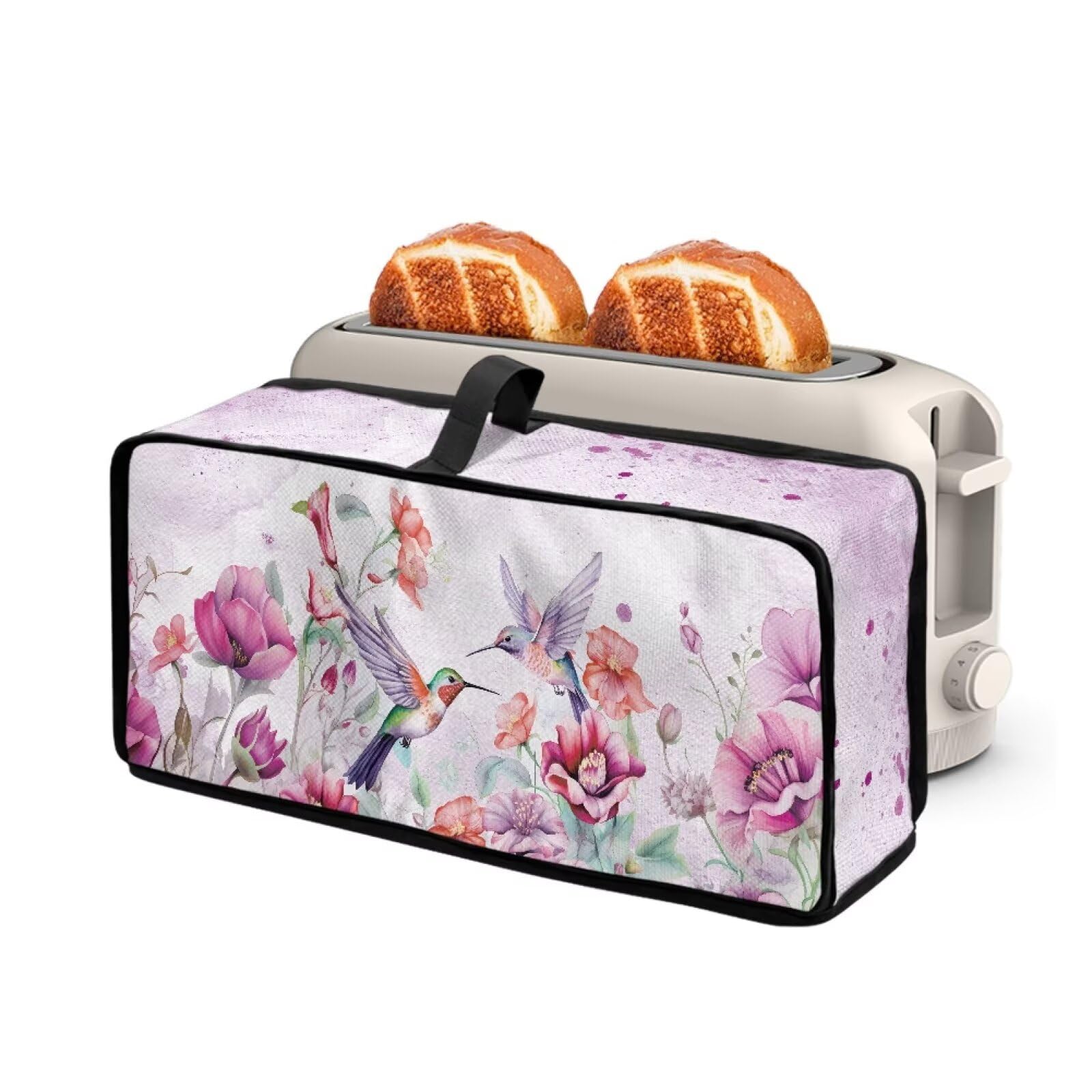Purple Floral Hummingbird Long Slot 2 Slice Bread Toaster Oven Dustproof Cover with Top Handle Fingerprint Protection Heat-Resistant Toaster Cover Fits for Most Standard 2 Slice Toasters