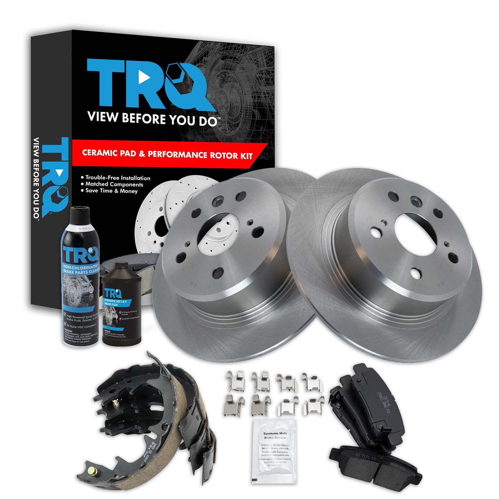 TRQ Rear Brake Pad &amp; Rotor Kit, with Chemical Kit Parking Brake Shoe Set Ceramic Compatible with 1998-1999 Toyota Avalon