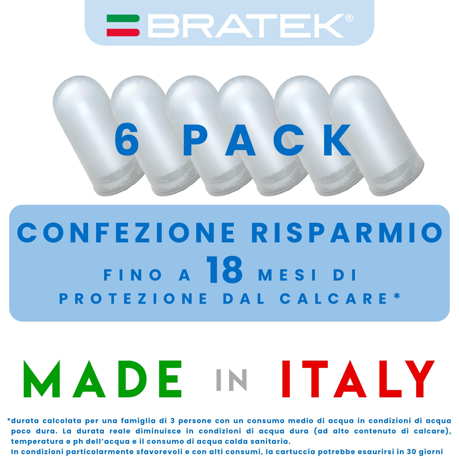Bratek Polifosfati per Caldaia Ricarica in Cartucce Universali Made in Italy - 6 Cartucce Dosatore Polifosfati per Caldaia Compatibili con Filtro Anticalcare Standard x Protezione Impianto Idraulico