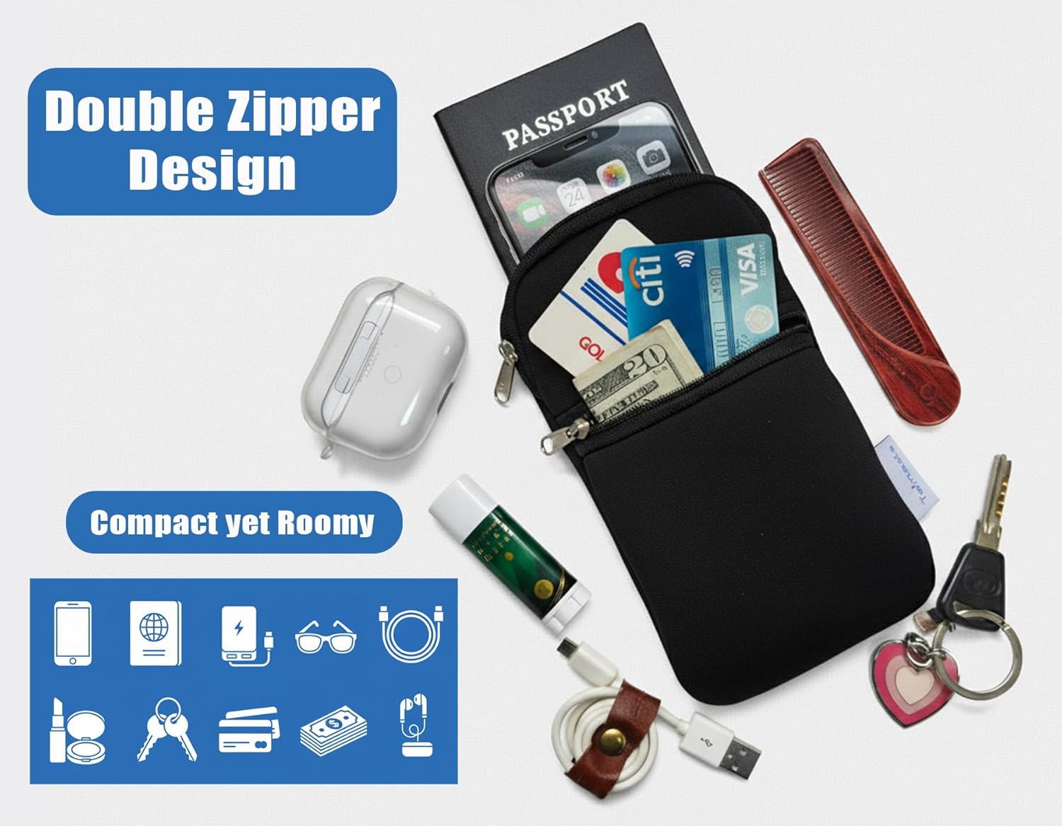 Tainada Neoprene Universal Cell Phone Double Zipper Sleeve Pouch Case Carrier Bag for Men Women w/Crossbody Strap/Neck Lanyard | Shock-Absorbing | Lightweight | (Starry Night) - Image 5