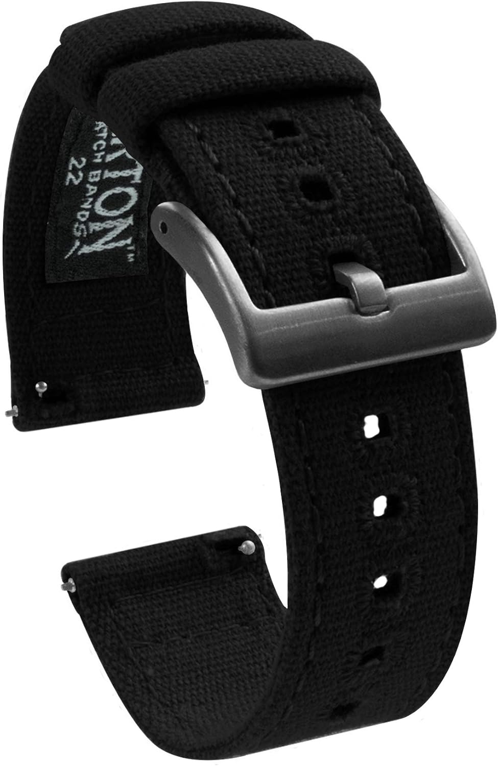 BARTON WATCH BANDS Quick Release Canvas Watch Band Straps, Black & Gunmetal Grey Buckle, 22mm